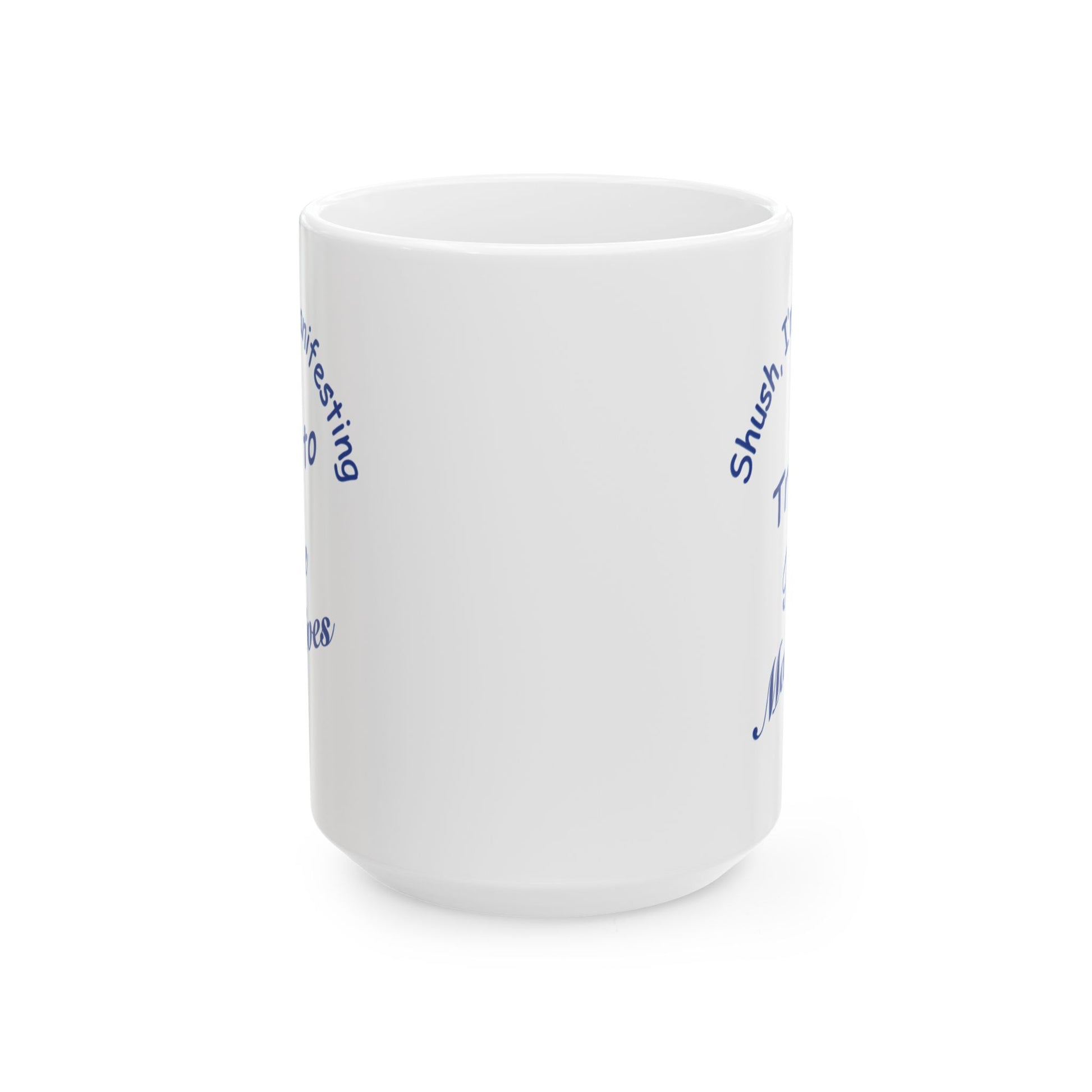 A white ceramic mug with blue text and graphic elements partially visible on the side, shown against a plain white background.