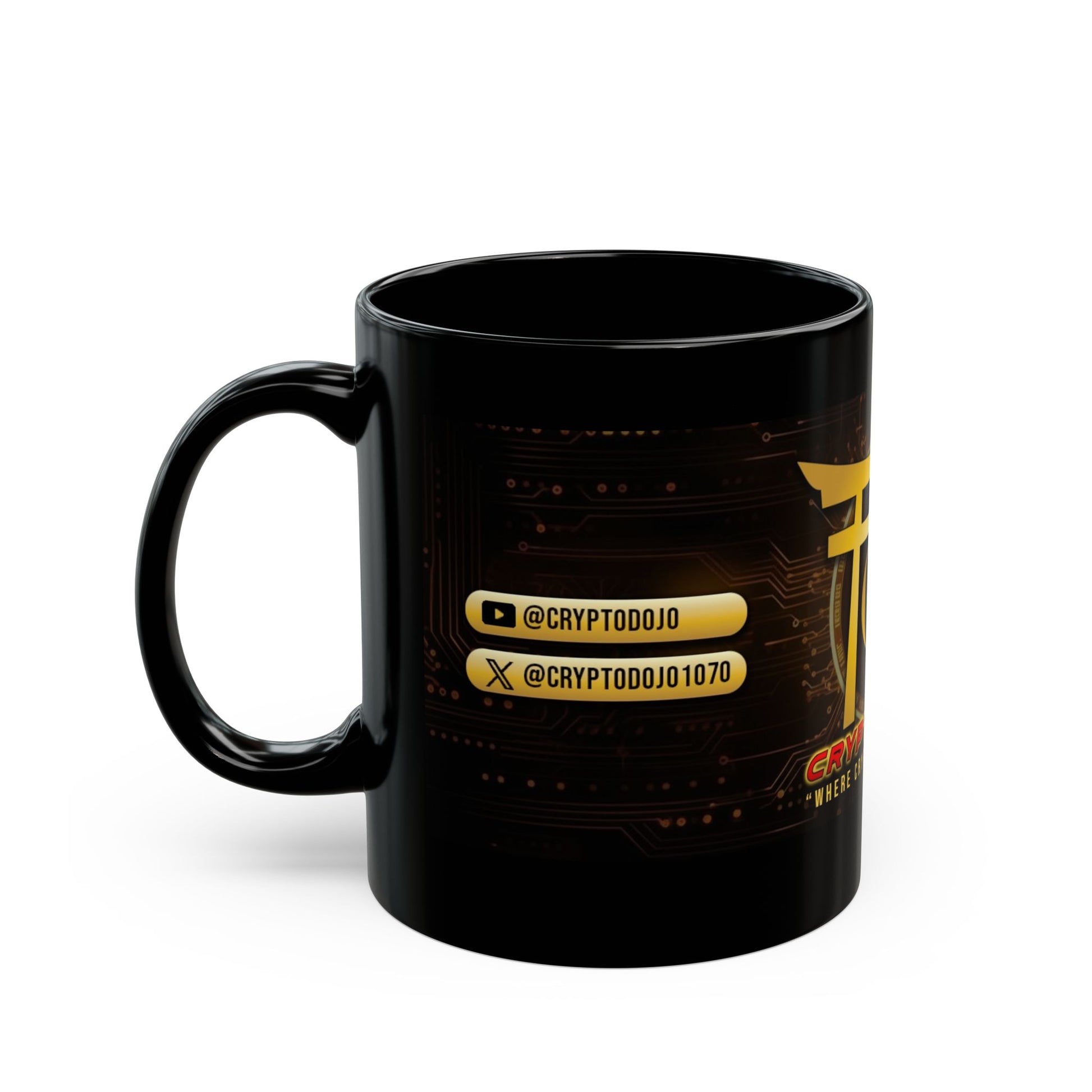 Black mug with Crypto Dojo banner logo.