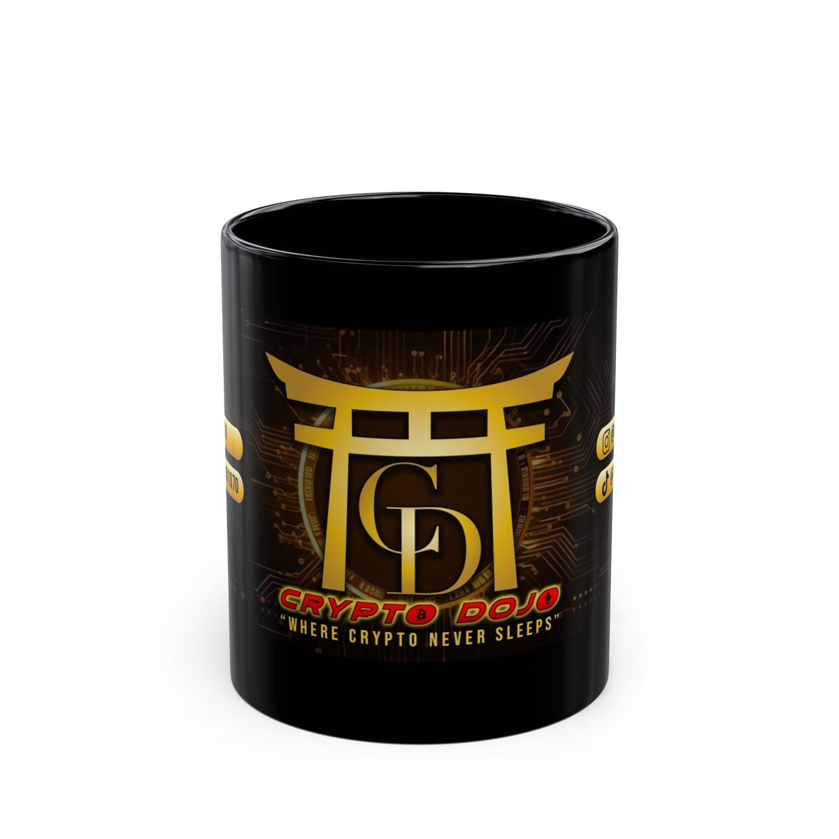 Black ceramic Crypto Dojo banner logo mug, front view with gold logo.