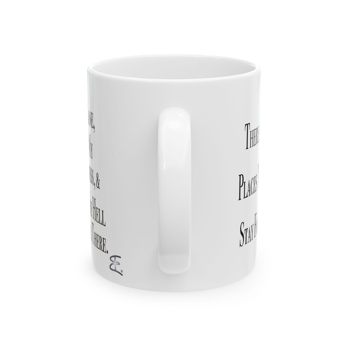 Handle and back detail of durable glossy Stay In Your Lane ceramic coffee cup, perfect daily sarcastic reminder