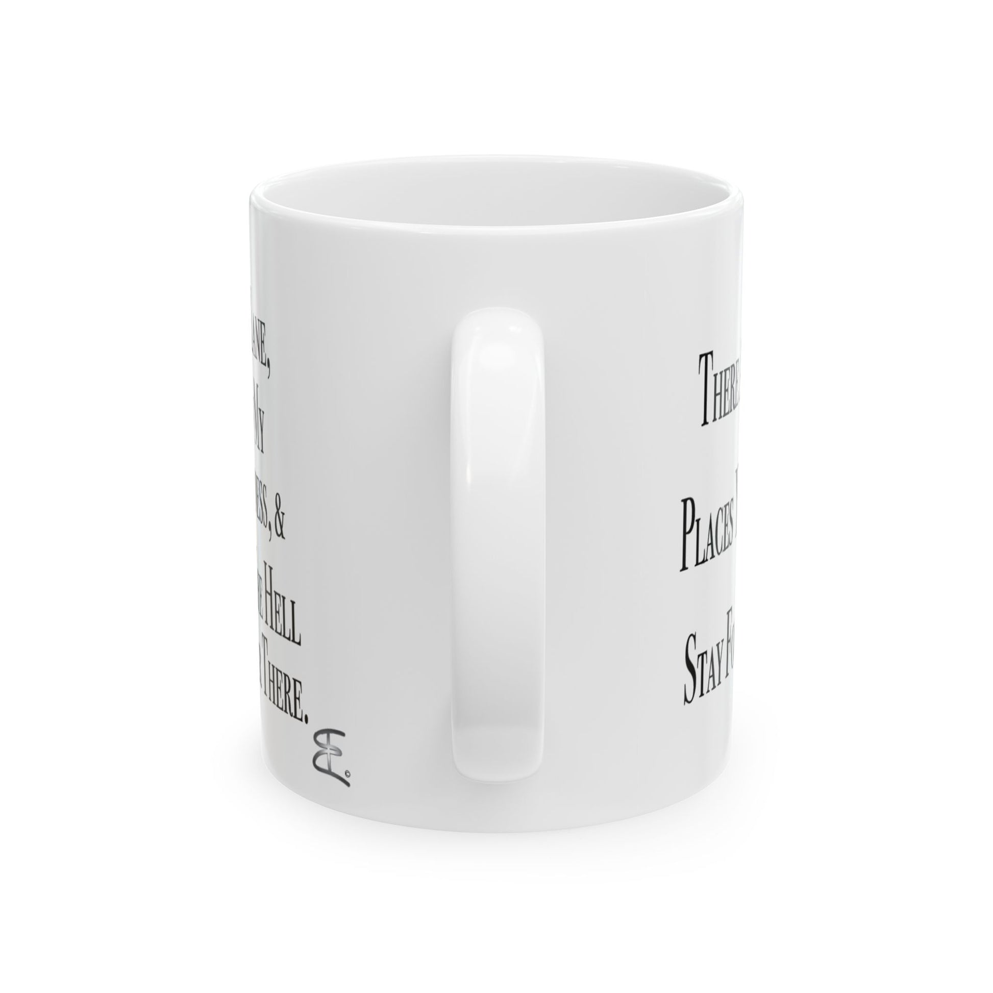 Handle and back detail of durable glossy Stay In Your Lane ceramic coffee cup, perfect daily sarcastic reminder
