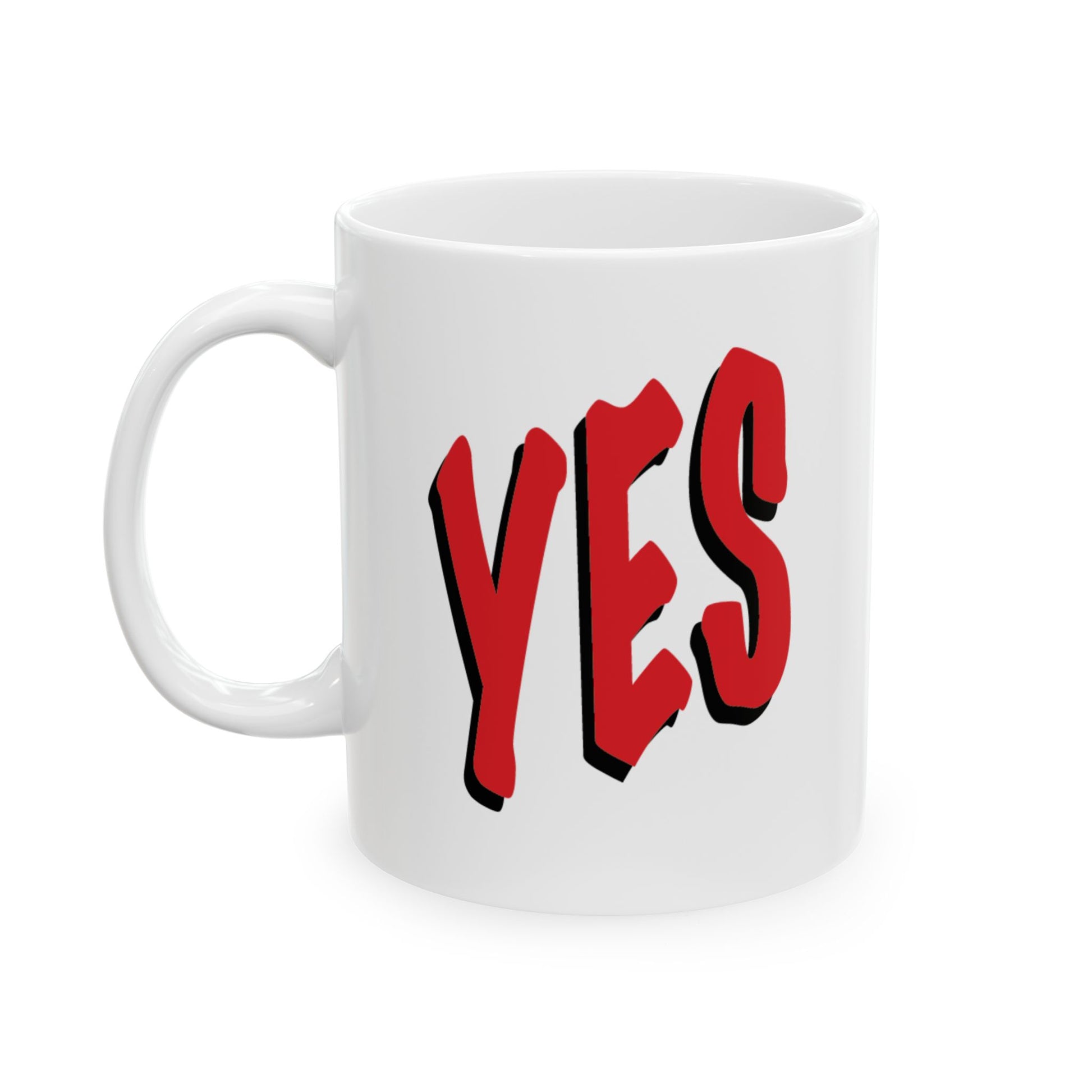 White ceramic YES mug, front view featuring bold red "YES" lettering on a clean white background.