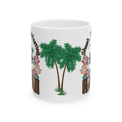 A white ceramic mug featuring a tropical design with two green palm trees, brown wooden letters, colorful hibiscus flowers, on a white background.
