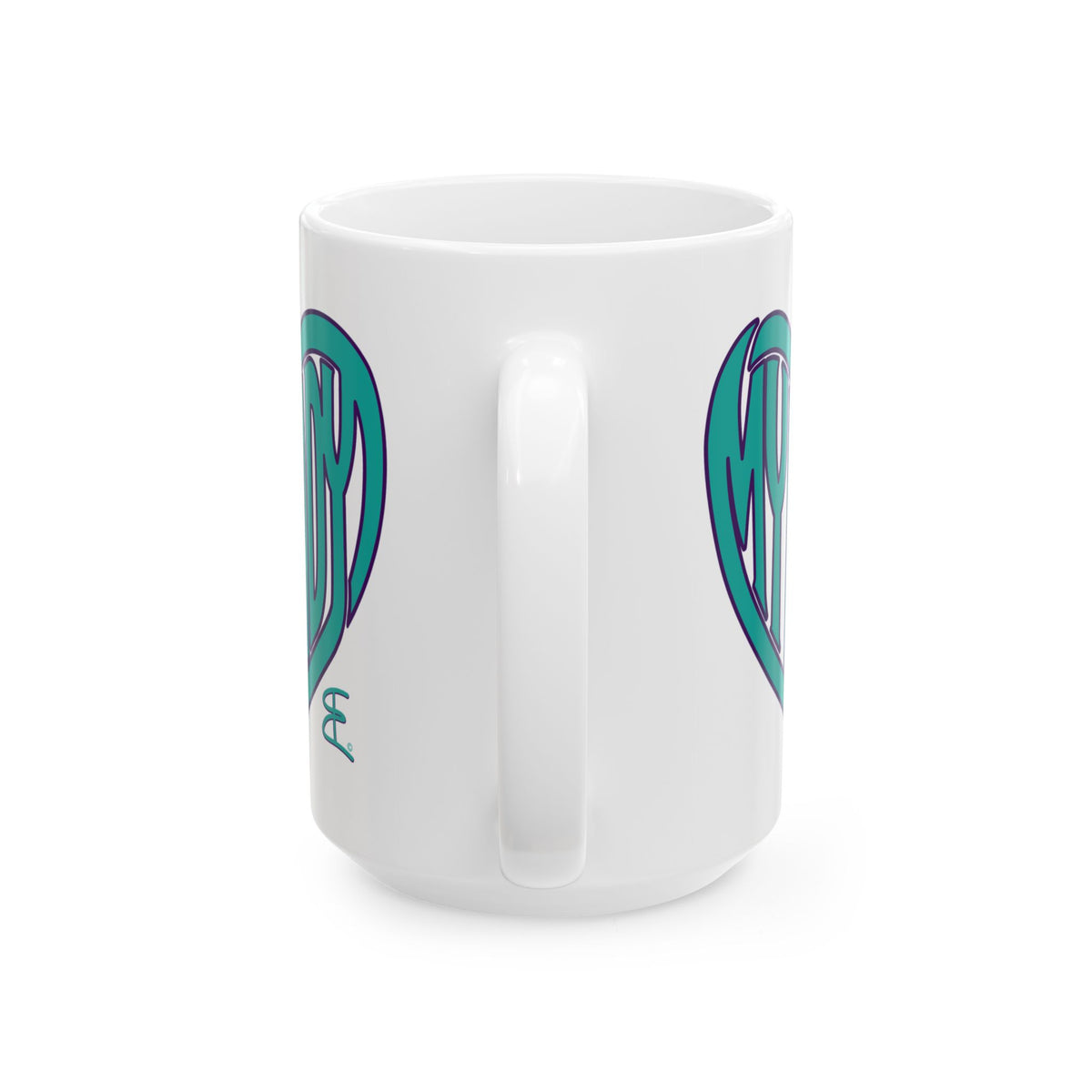 A white ceramic mug, handle view, featuring a teal and purple stylized graphic design printed on its side, shown against a plain white background.