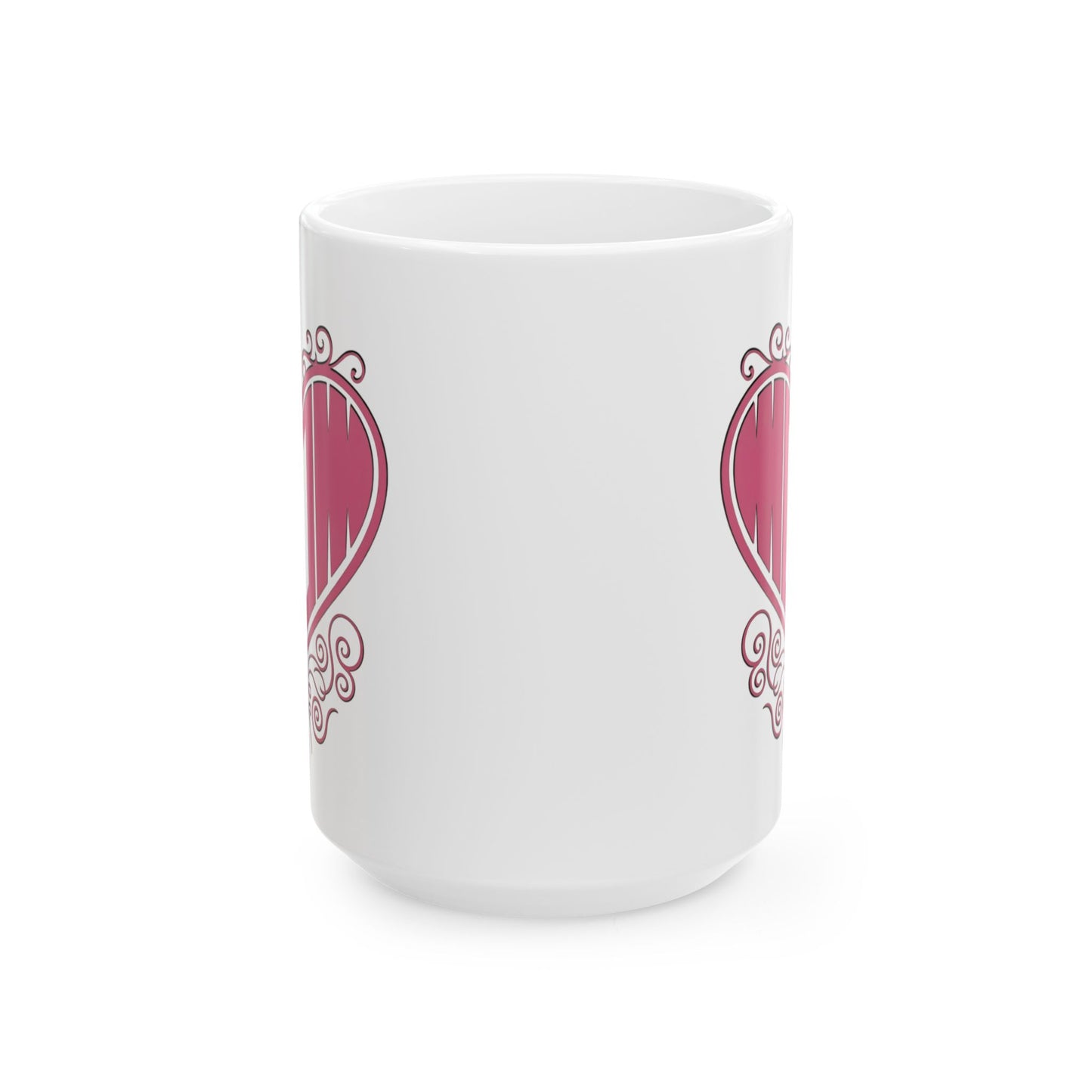 15oz front center view of white ceramic mug with "Mom" printed in pink text inside a heart with filigree, artwork.