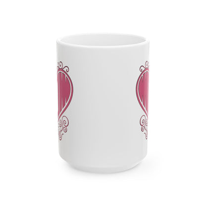 15oz front center view of white ceramic mug with "Mom" printed in pink text inside a heart with filigree, artwork.