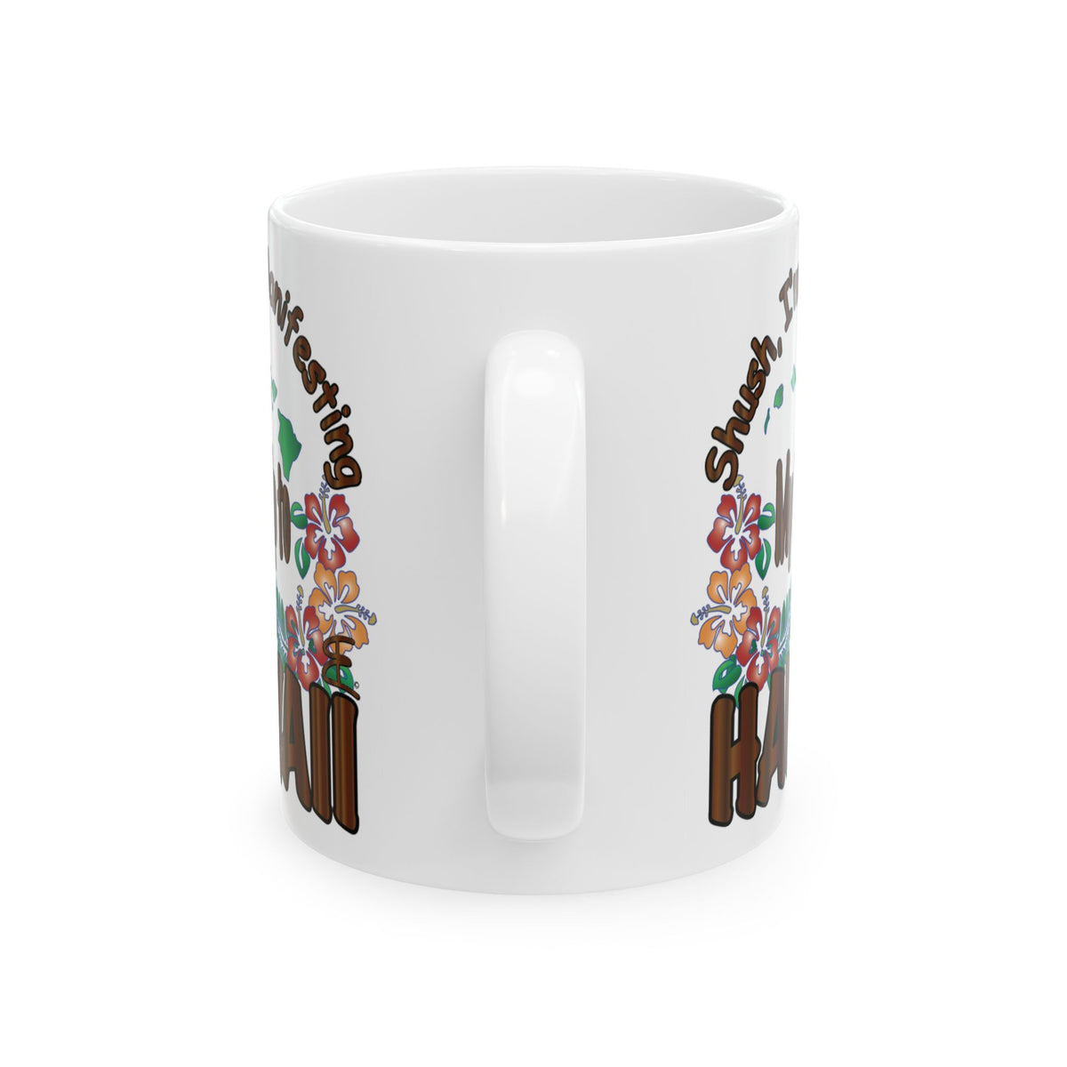 A white ceramic mug with a colorful graphic design featuring brown text and floral illustrations, shown on a clean white background.