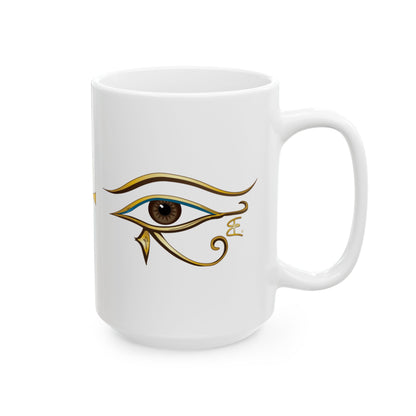A white ceramic mug featuring a stylized Egyptian Eye of Horus graphic printed on the side, set against a plain white background.