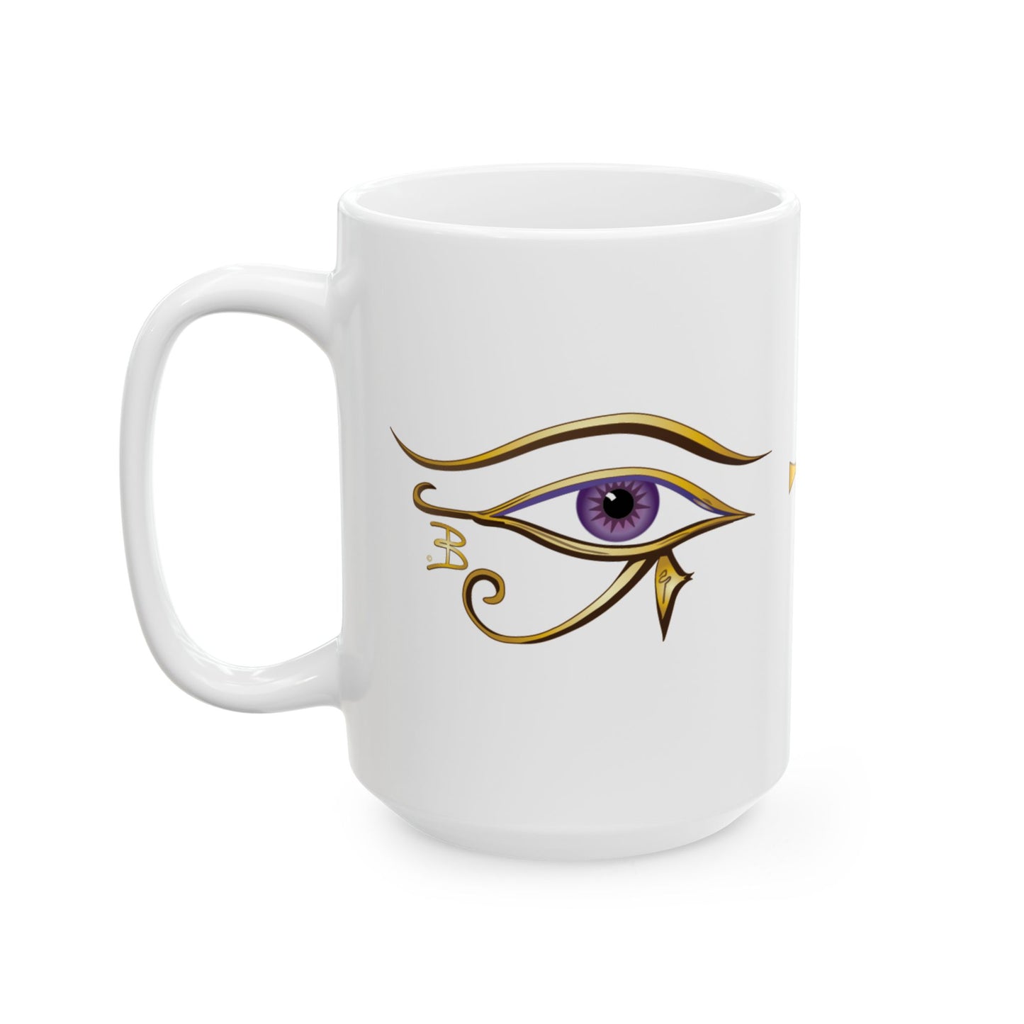 A white ceramic coffee mug featuring a stylized Egyptian Eye of Horus graphic with a Violet iris and gold details, set against a plain white background.