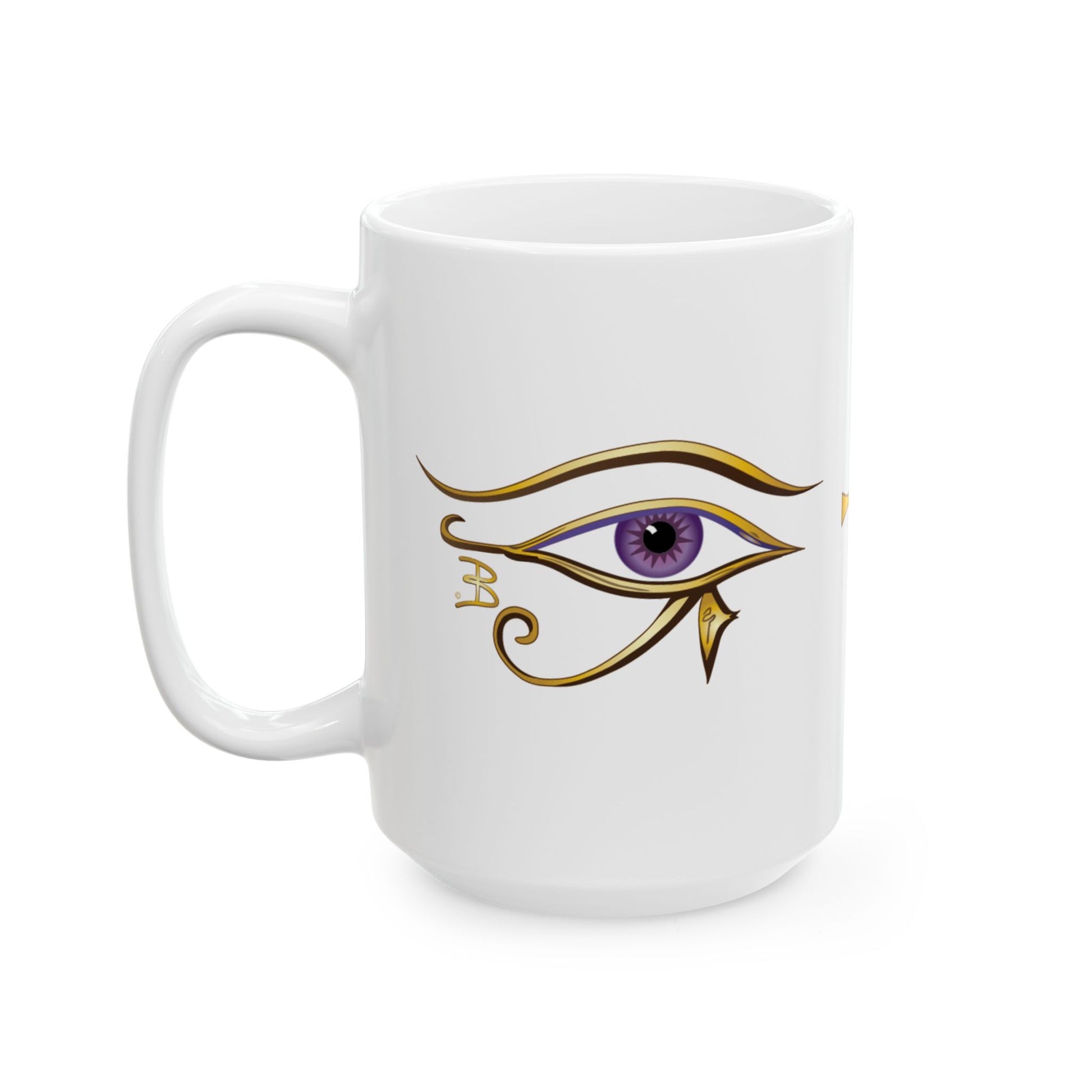 A white ceramic coffee mug featuring a stylized Egyptian Eye of Horus graphic with a Violet iris and gold details, set against a plain white background.