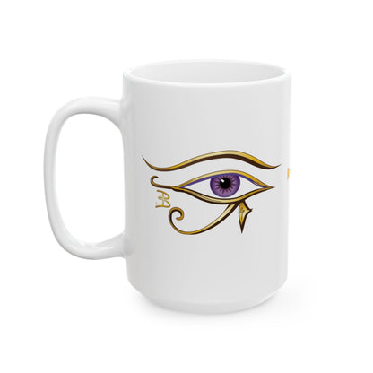 A white ceramic coffee mug featuring a stylized Egyptian Eye of Horus graphic with a Violet iris and gold details, set against a plain white background.