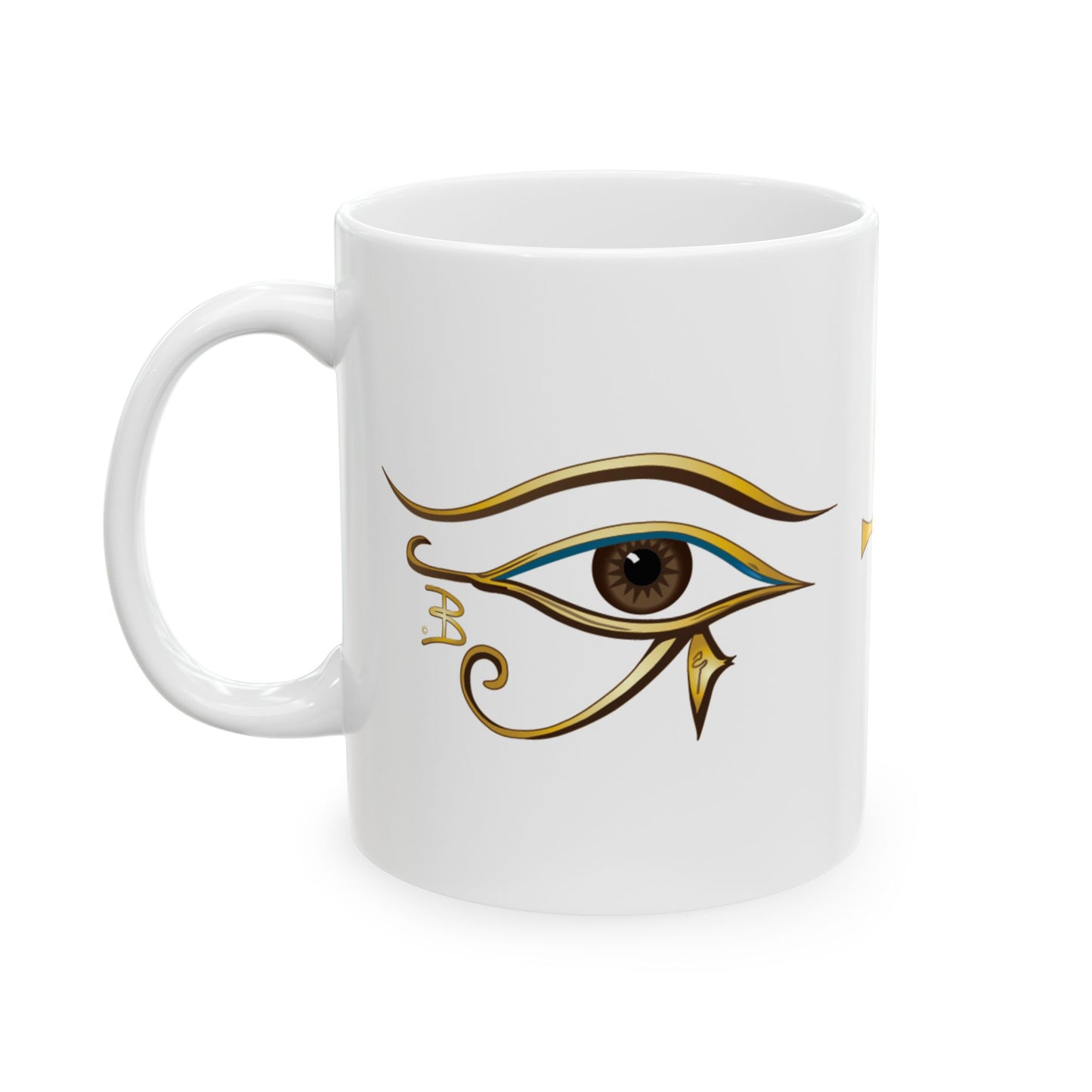 A white ceramic mug featuring a stylized Egyptian Eye of Horus graphic printed on the side, set against a plain white background.