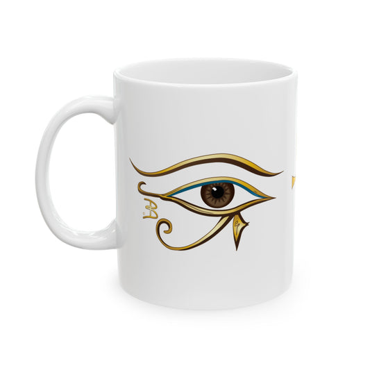 A white ceramic mug featuring a stylized Egyptian Eye of Horus graphic printed on the side, set against a plain white background.
