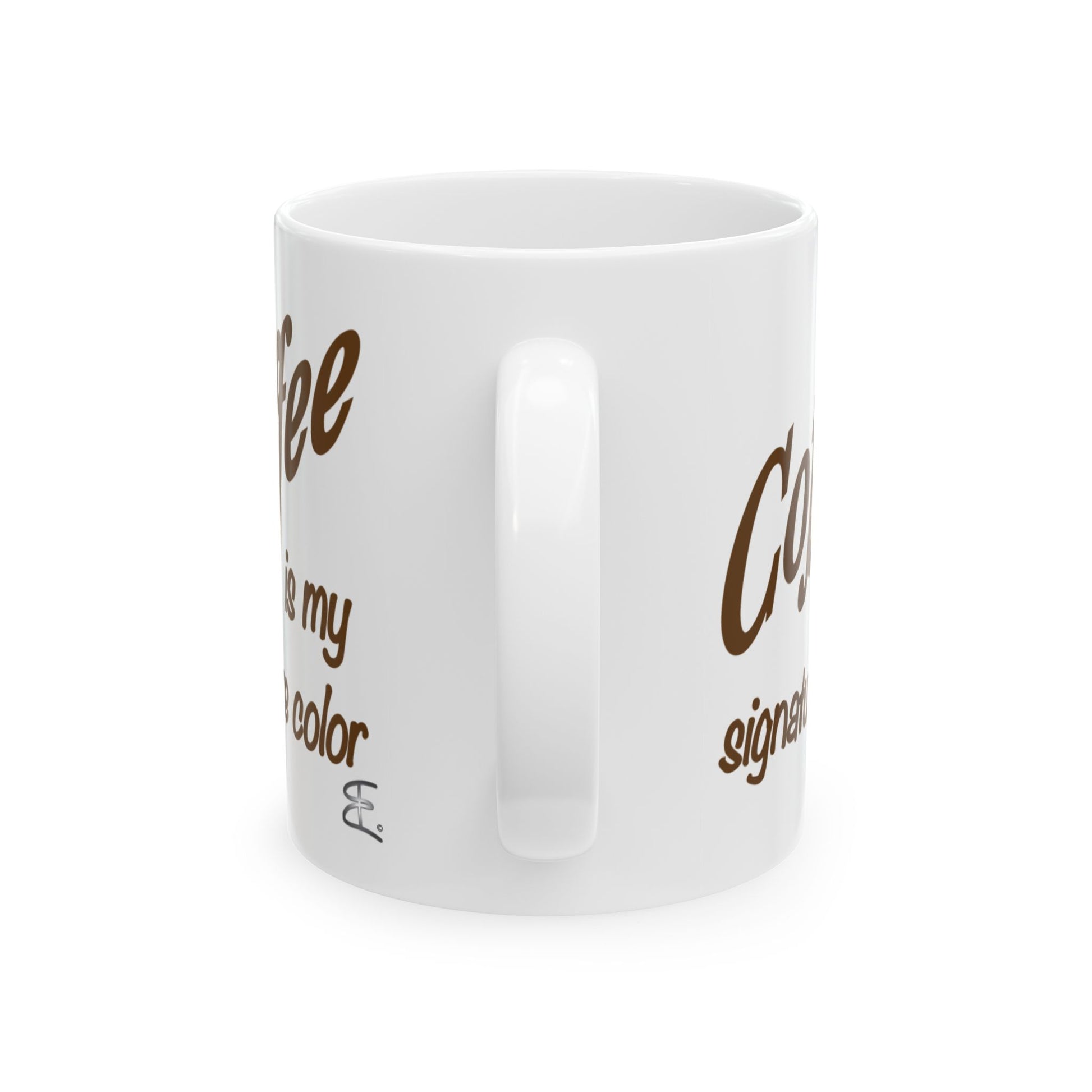 A white ceramic coffee mug with brown  text partially visible on the side, shown against a plain white background.