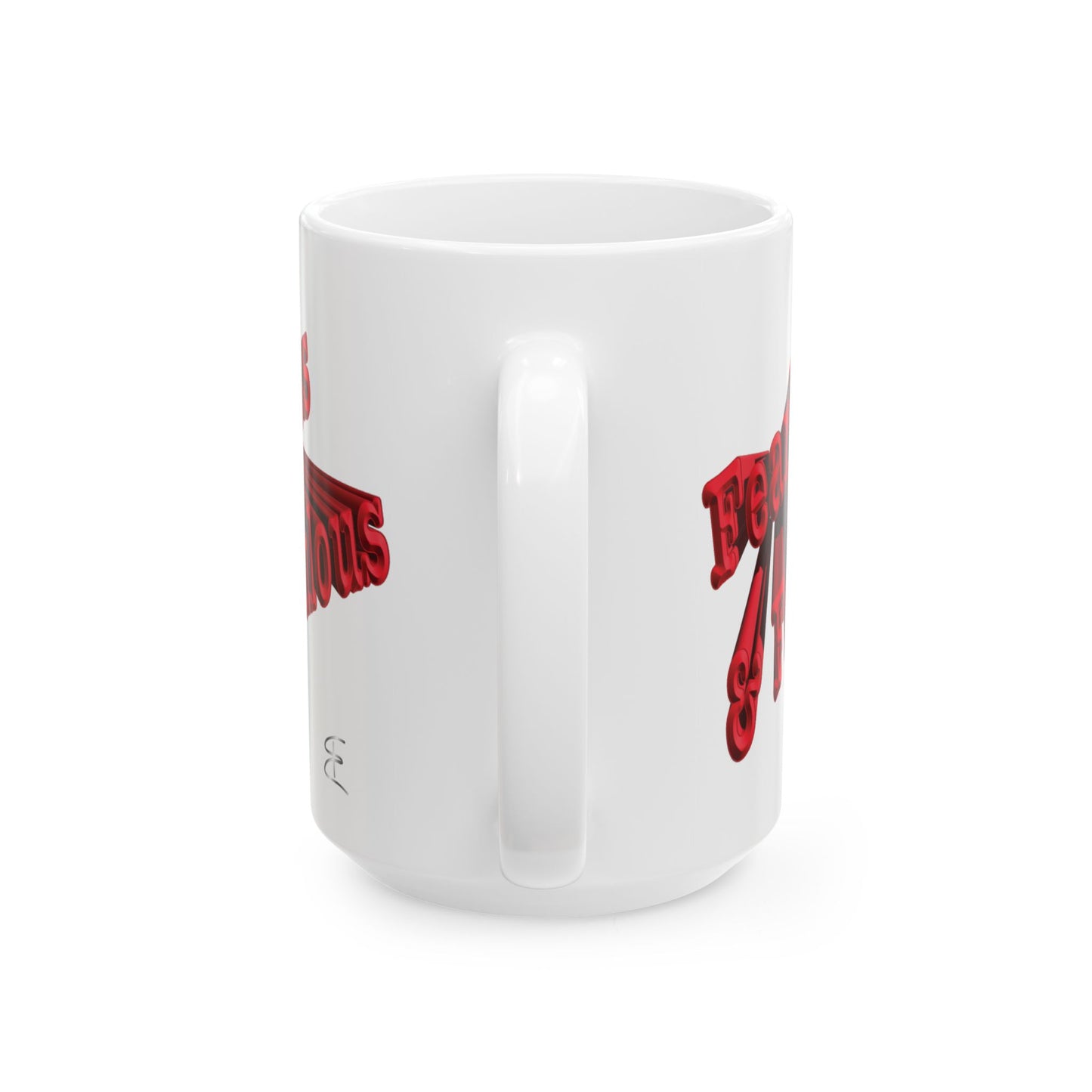 15oz white ceramic mug with a graphic design visible on the sides, handle side shown against a plain white background.