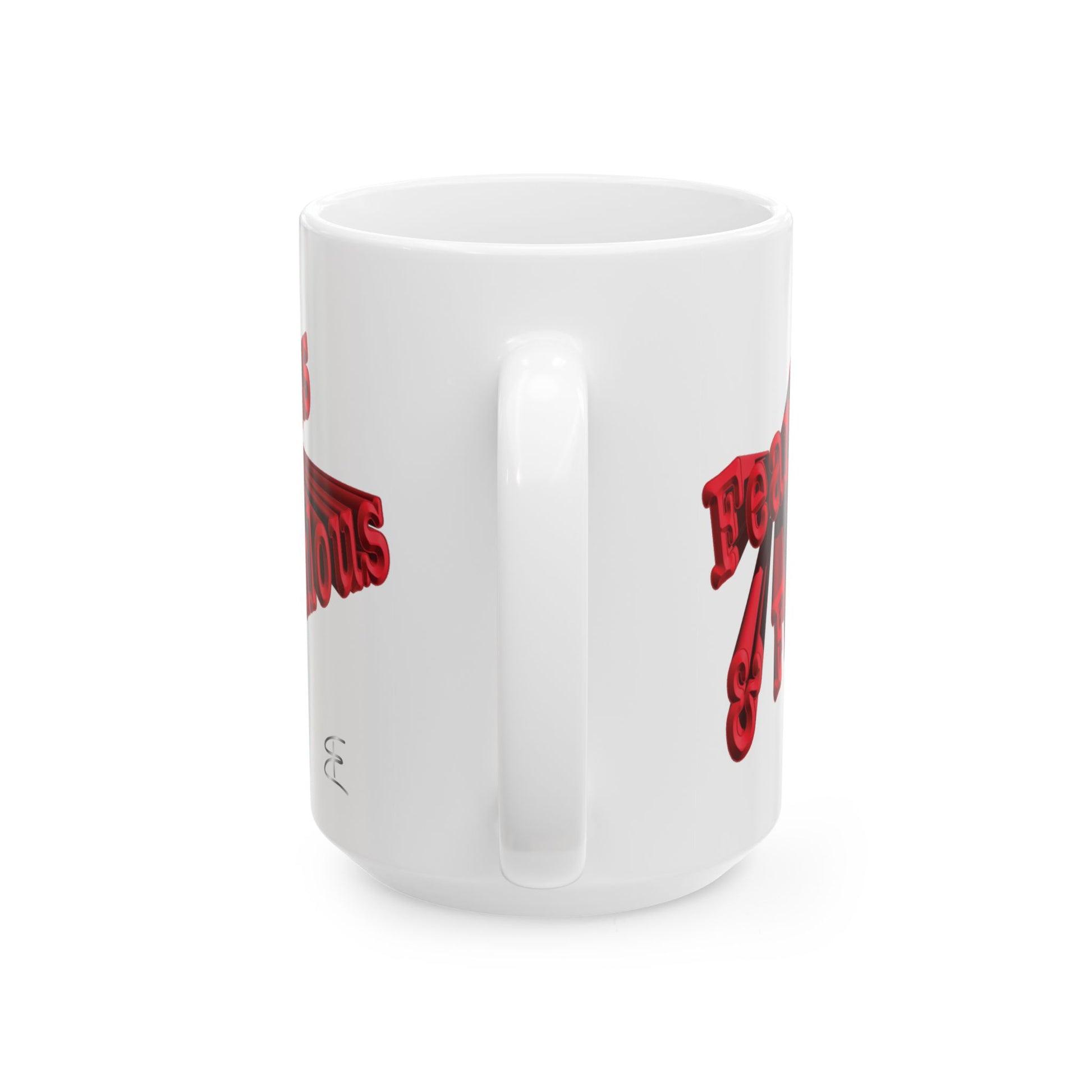 15oz white ceramic mug with a graphic design visible on the sides, handle side shown against a plain white background.