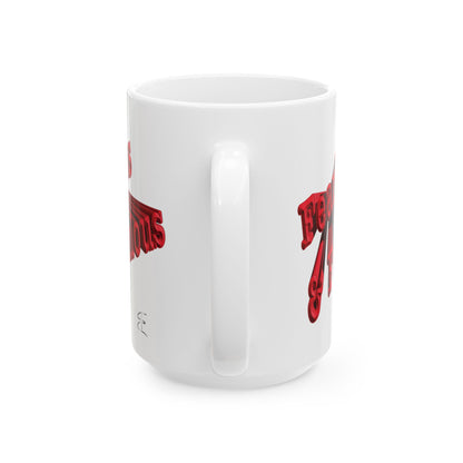 15oz white ceramic mug with a graphic design visible on the sides, handle side shown against a plain white background.