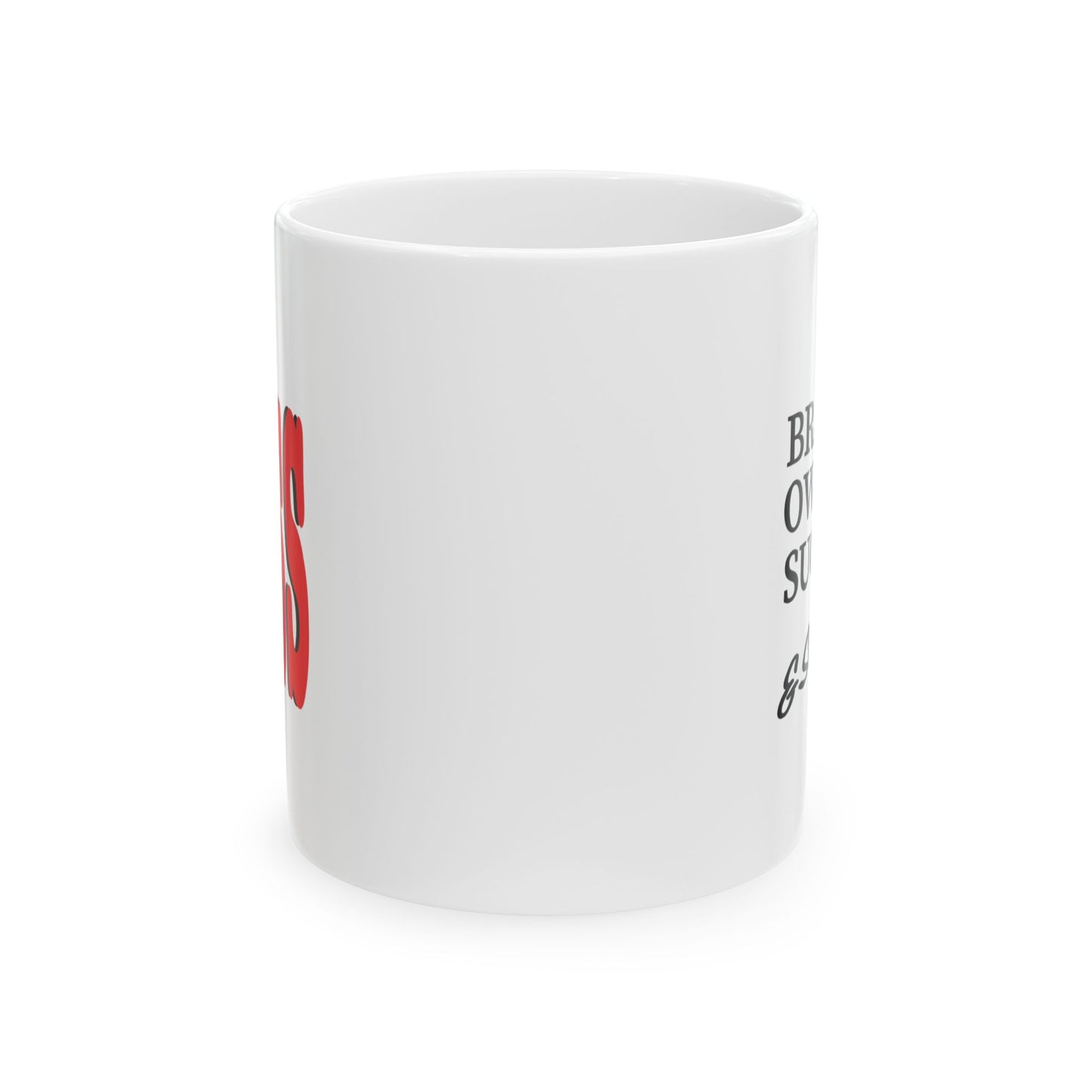 A white ceramic mug with partial red and black printed text visible on the side, photographed on a clean white background.