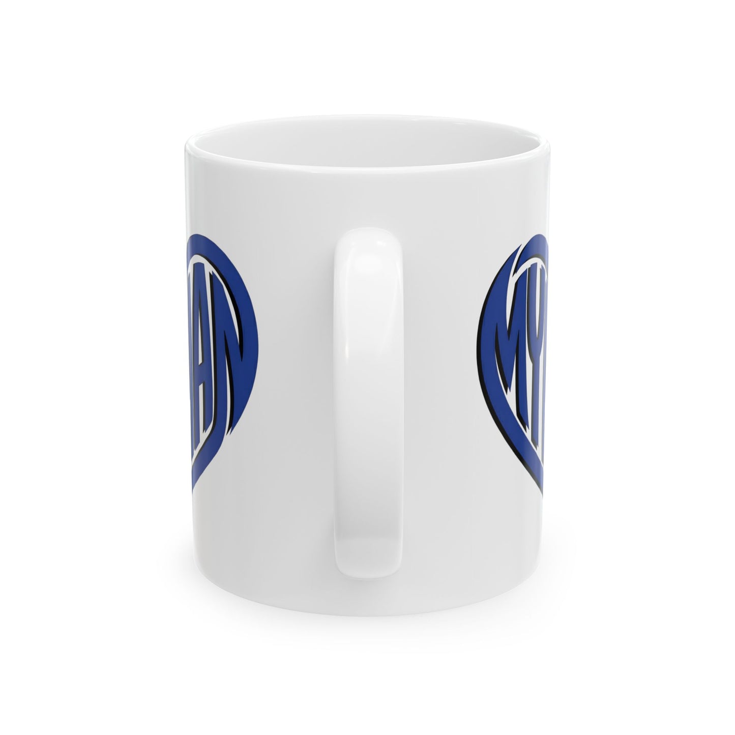 White mug with "My Man" text inside a heart.

