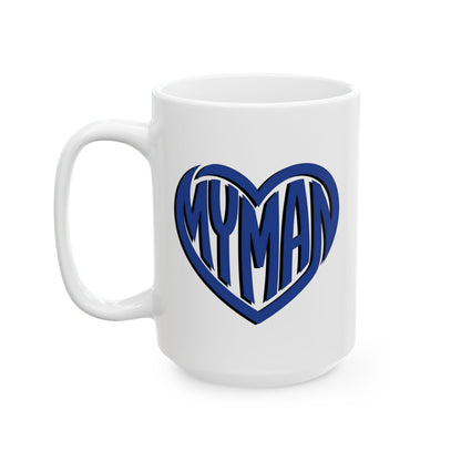 White mug with "My Man" text inside a heart.

