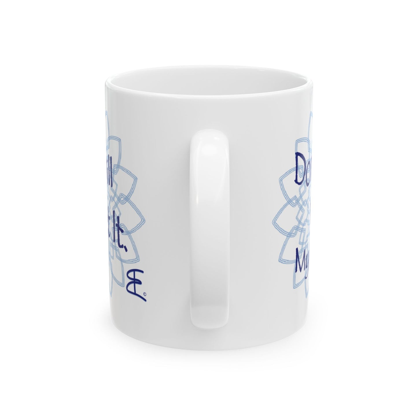 A white ceramic mug with a light blue energy vortex design and partial blue text, shown on a clean white background.