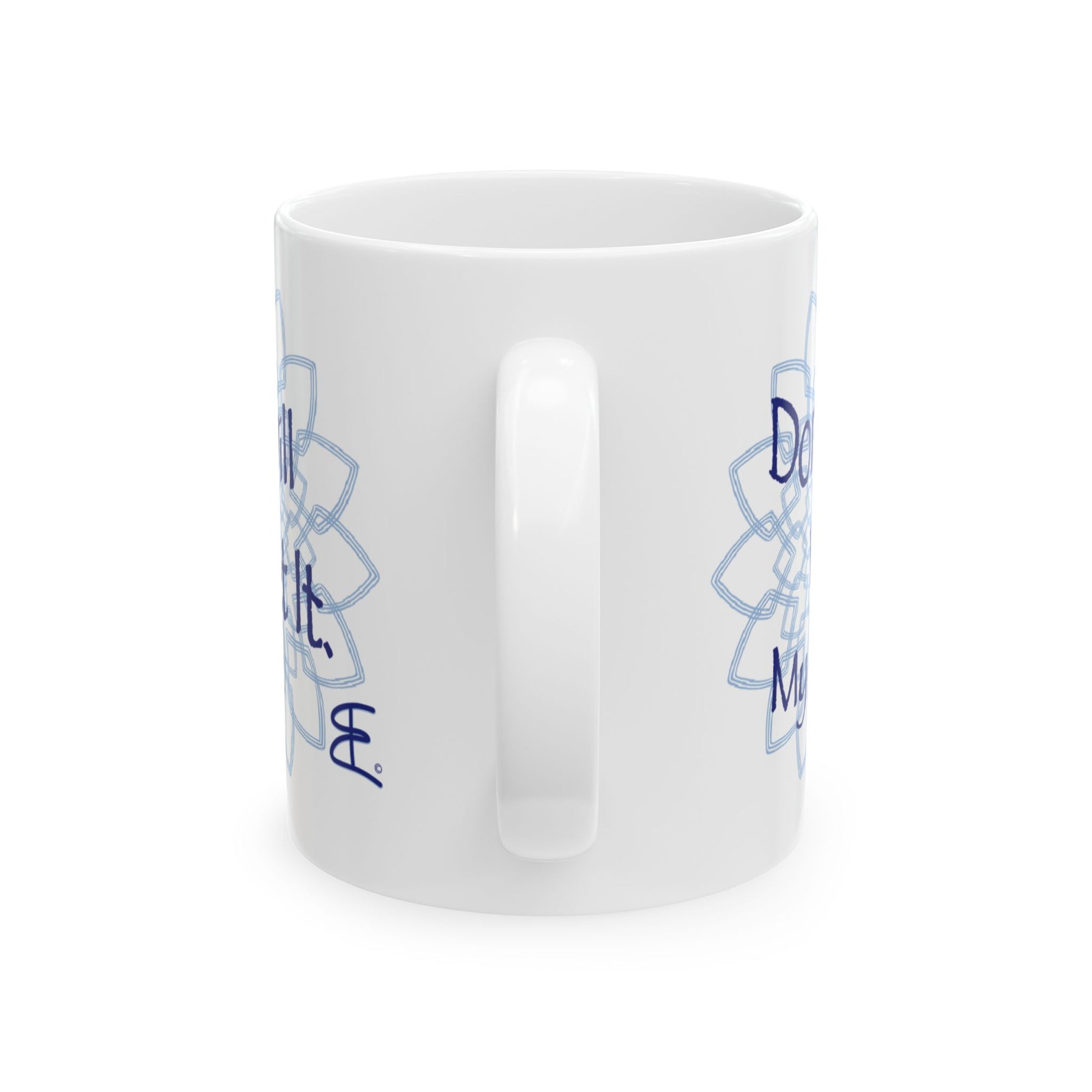 A white ceramic mug with a light blue energy vortex design and partial blue text, shown on a clean white background.