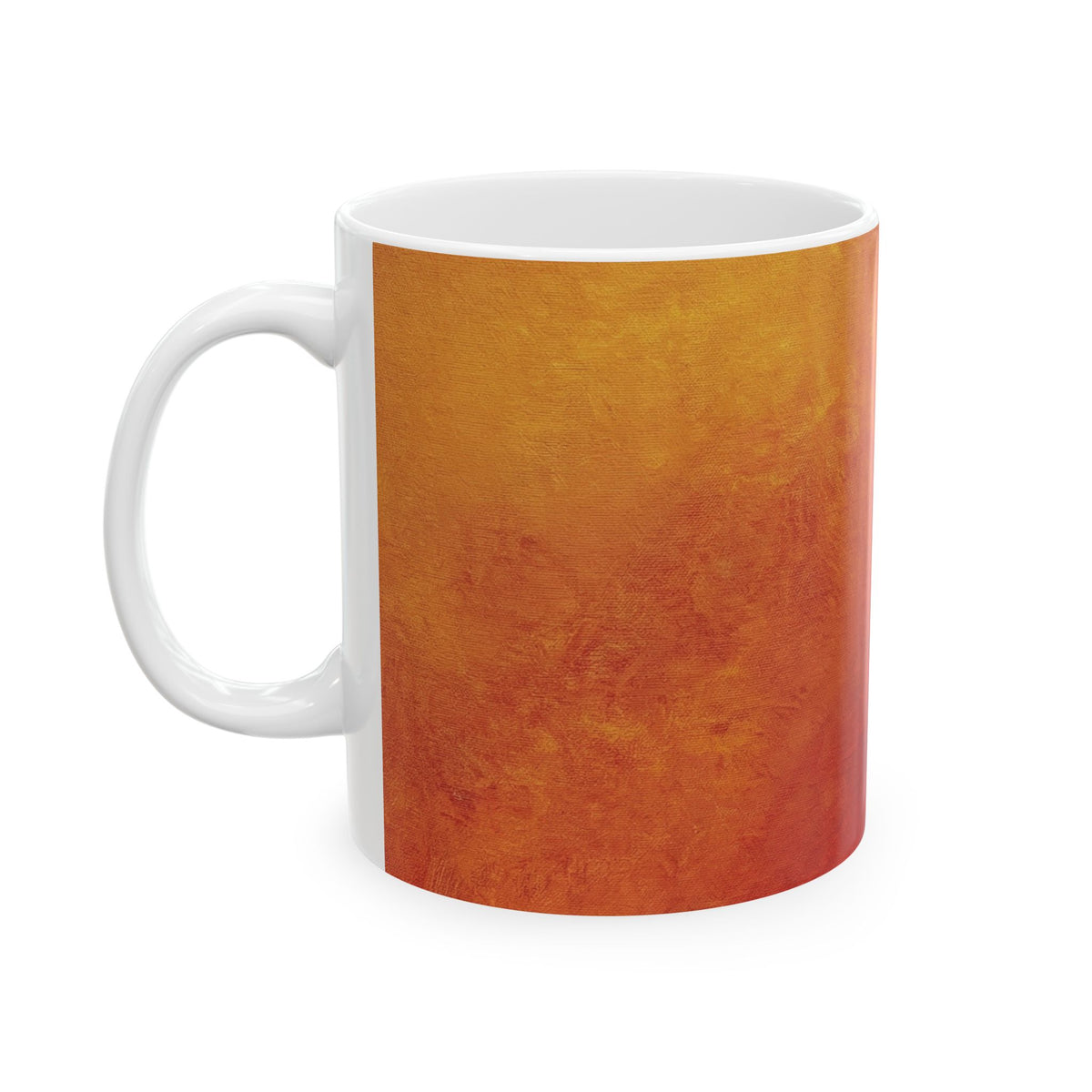 Left handle view of the Firelight Ombre coffee mug highlighting its colorful sunset-inspired gradient design.