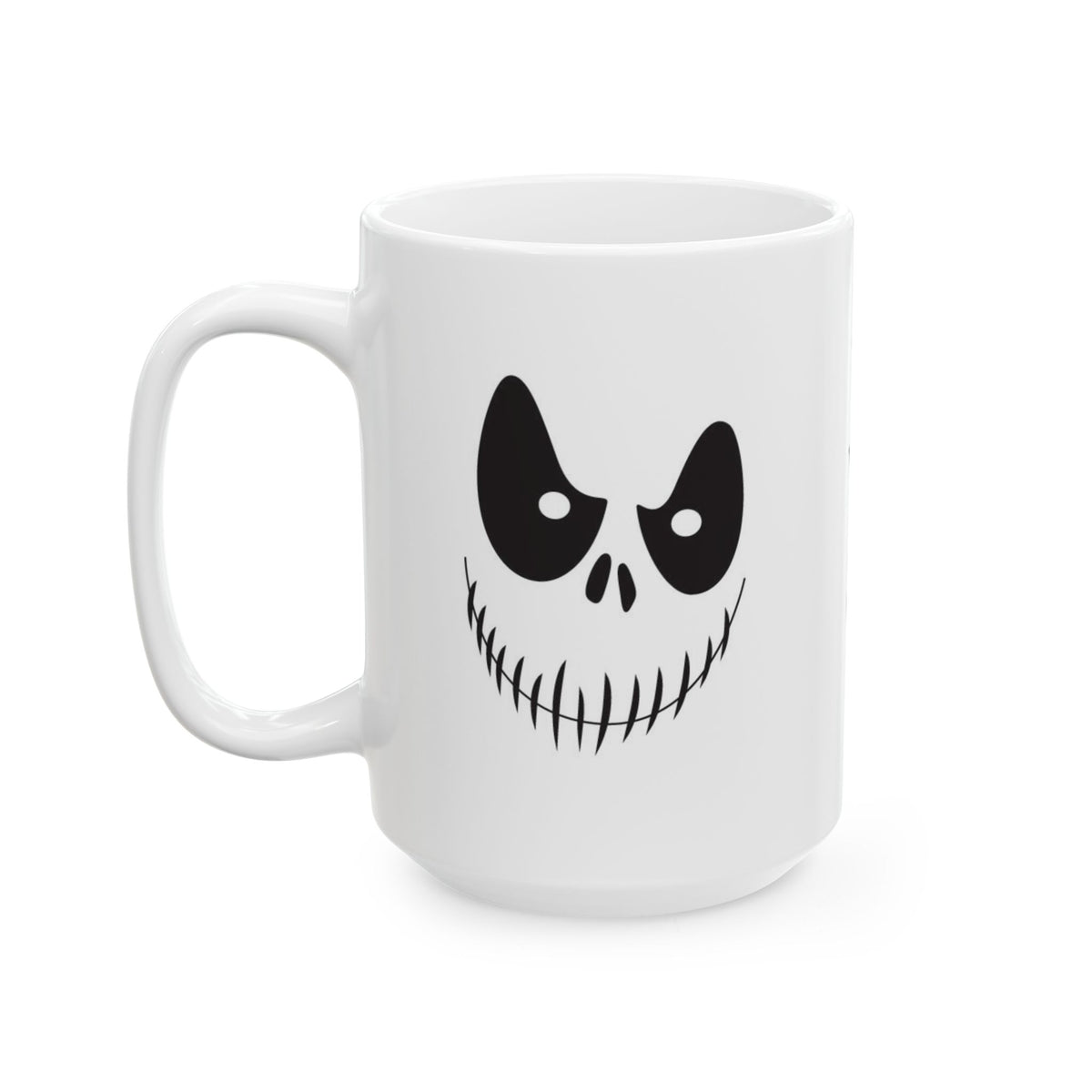 A white ceramic mug featuring a black graphic of a spooky ghost face, shown on a clean white background.