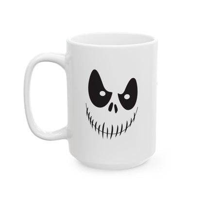 A white ceramic mug featuring a black graphic of a spooky ghost face, shown on a clean white background.