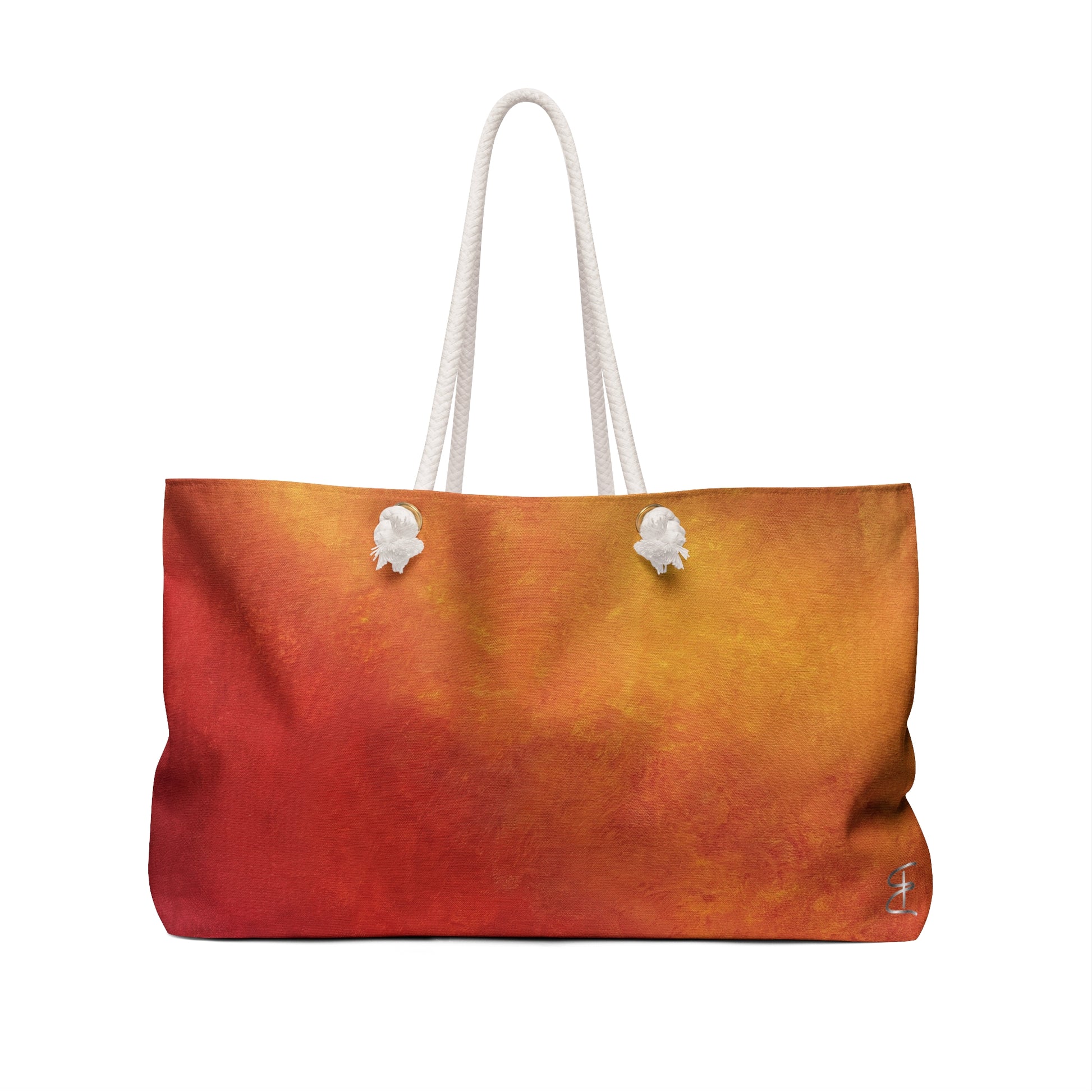 Back view of the Firelight Artful Ombre Weekend Bag with rope handle on white background.