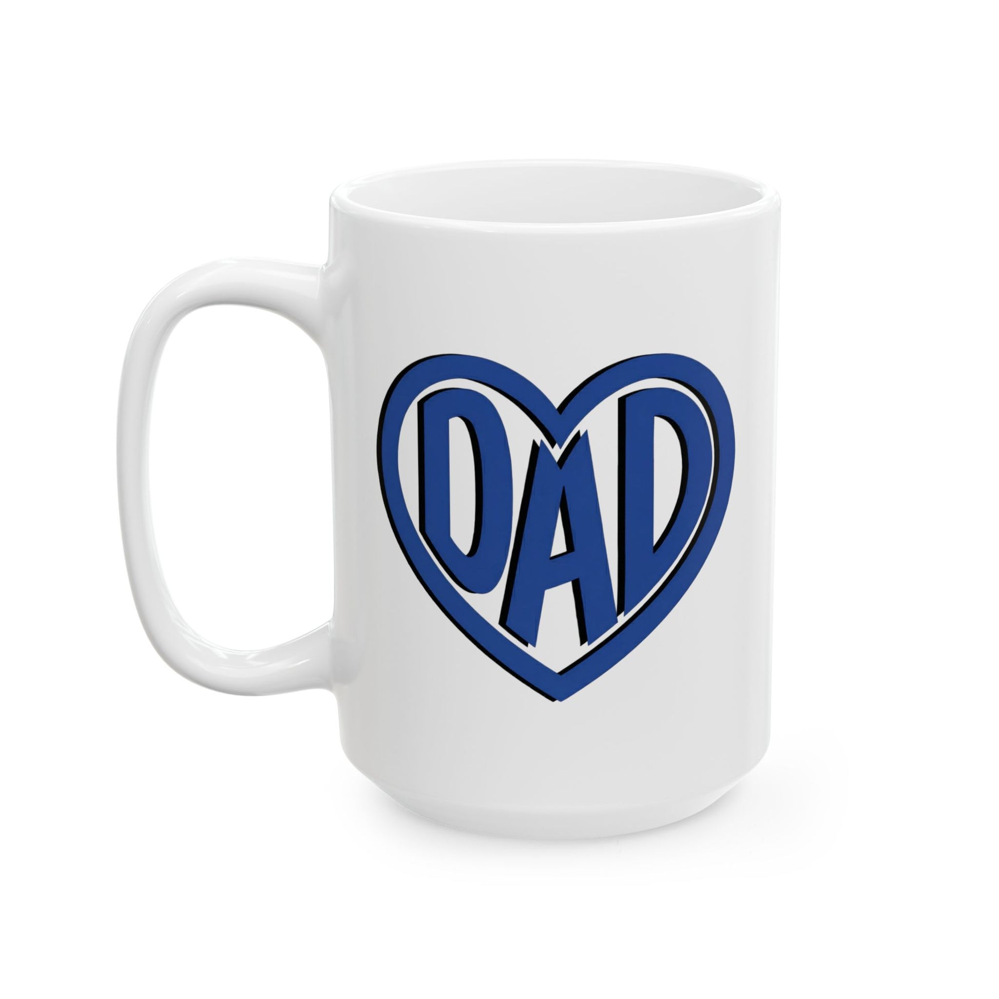 White mug with "Dad" text inside a heart.
