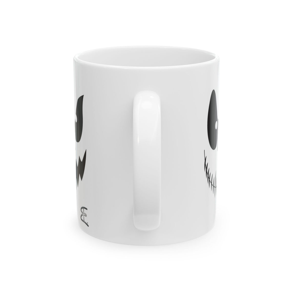 A white ceramic coffee mug with a handle, featuring black graphics of spooky ghost faces on the sides.
