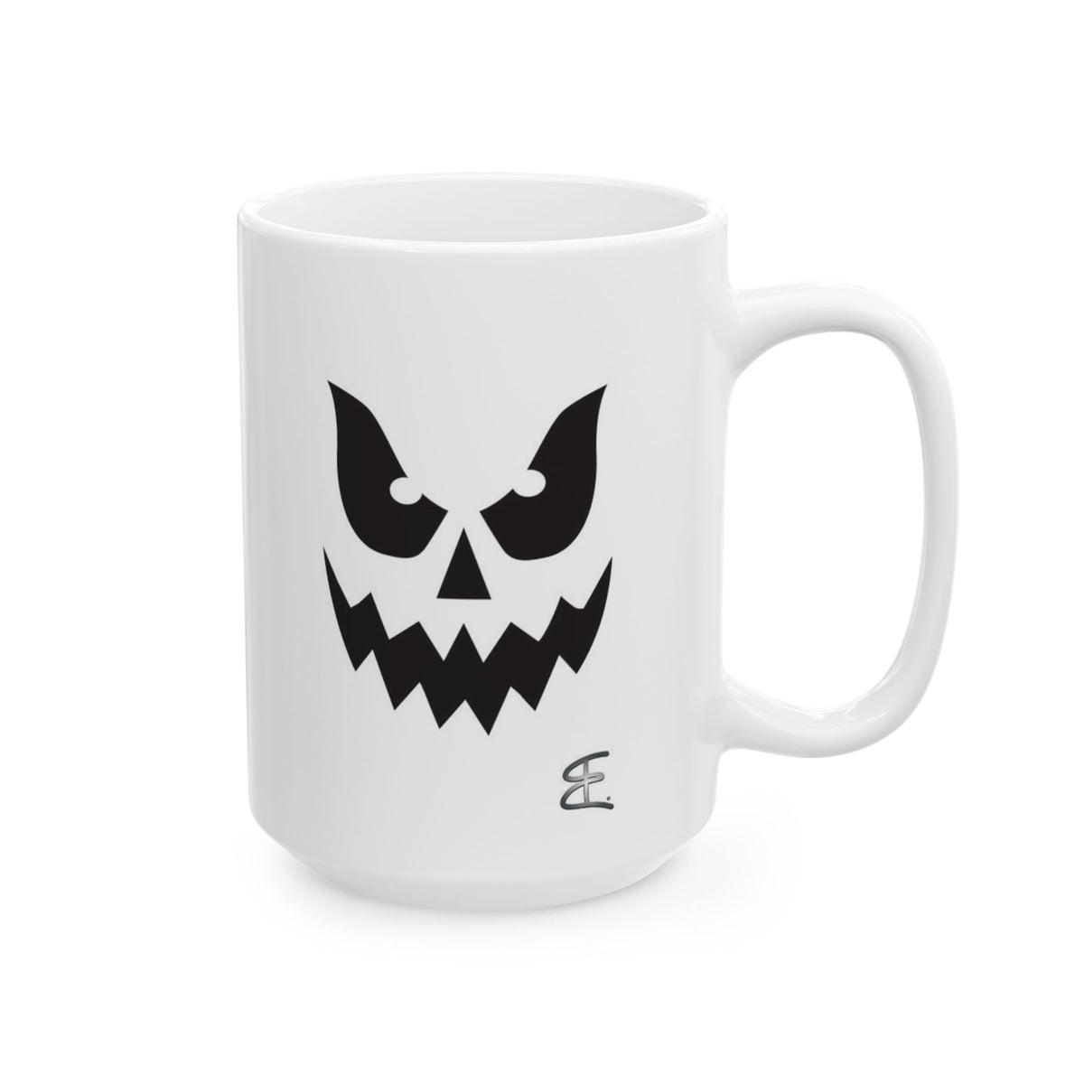 A white ceramic mug featuring a black graphic of a spooky ghost face, set against a plain white background.