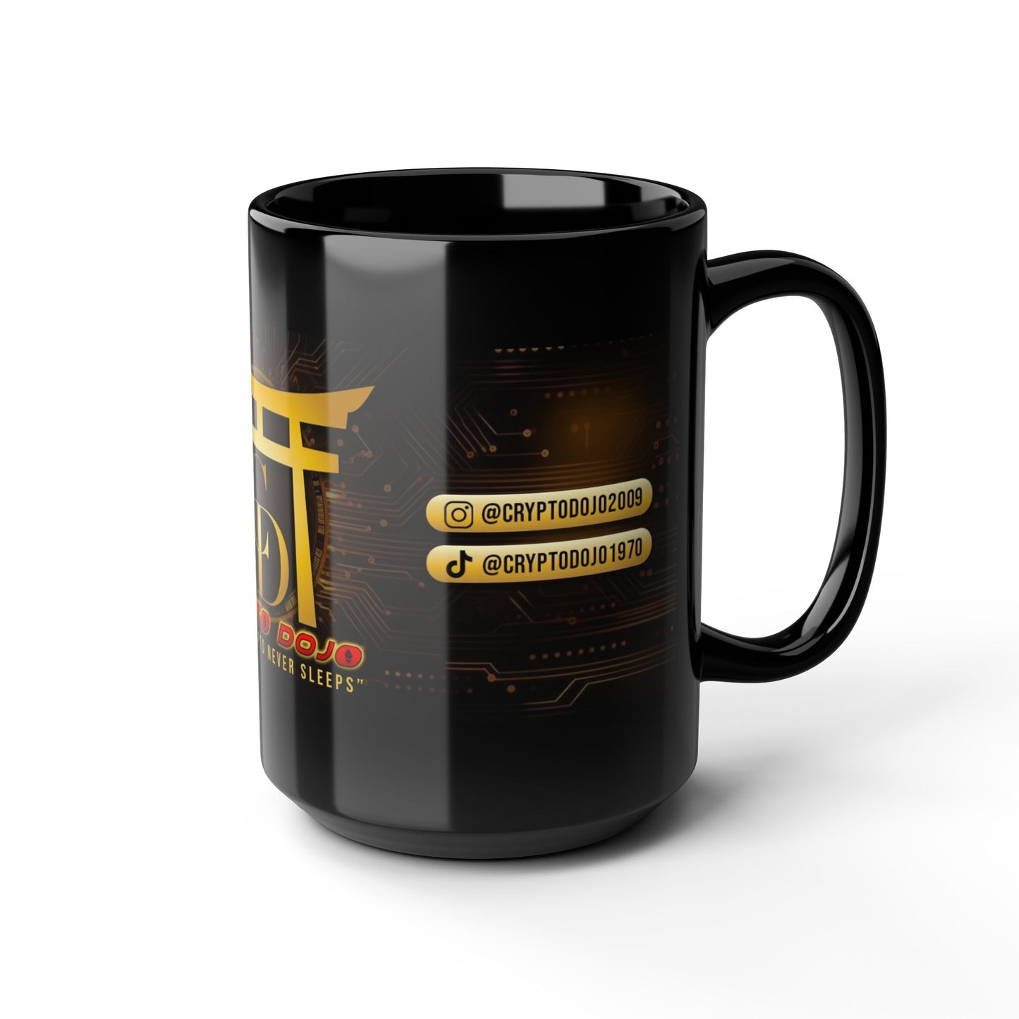 Black mug with Crypto Dojo banner logo.