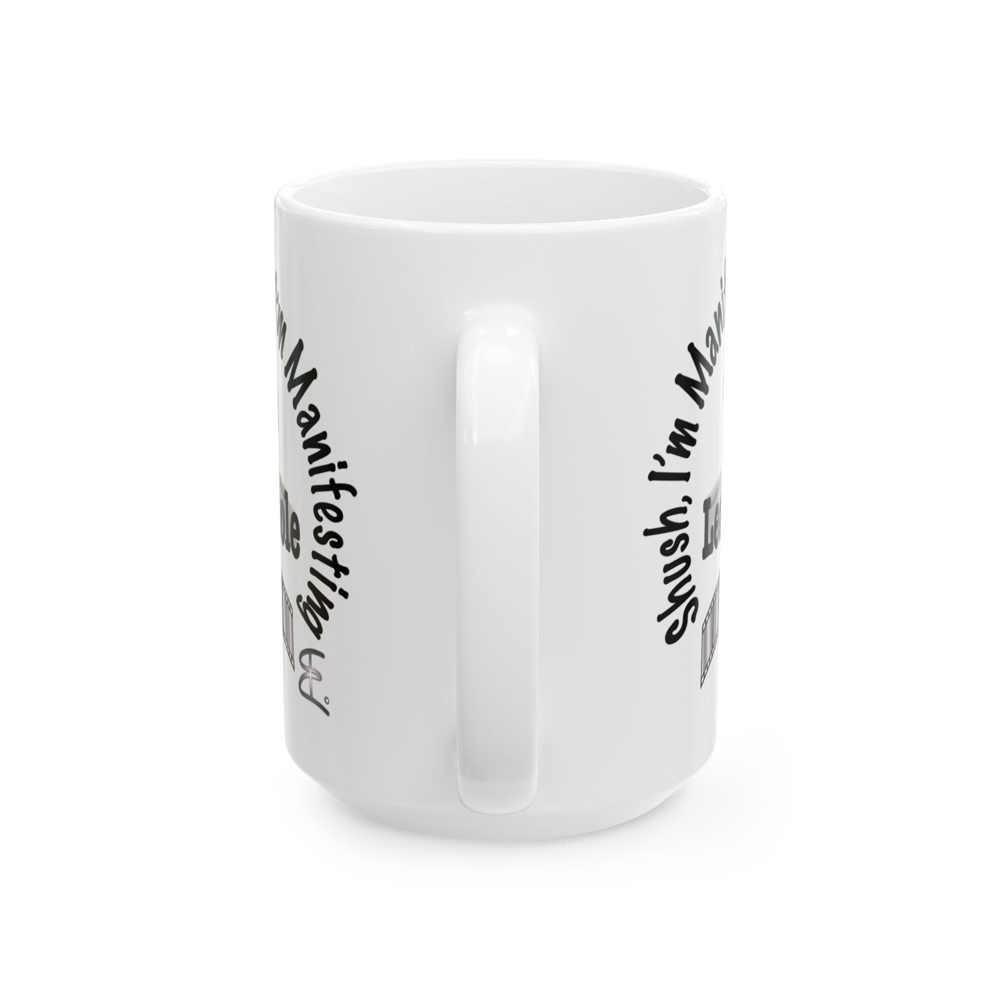 A white ceramic mug with a black printed graphic and text on the side, shown against a plain white background.