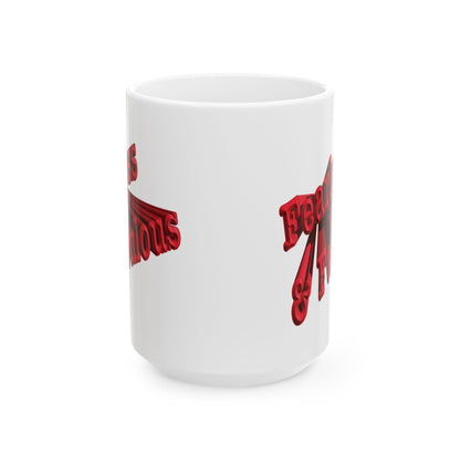 15oz white ceramic mug with a graphic design partially visible on the sides, front center shown against a white background.