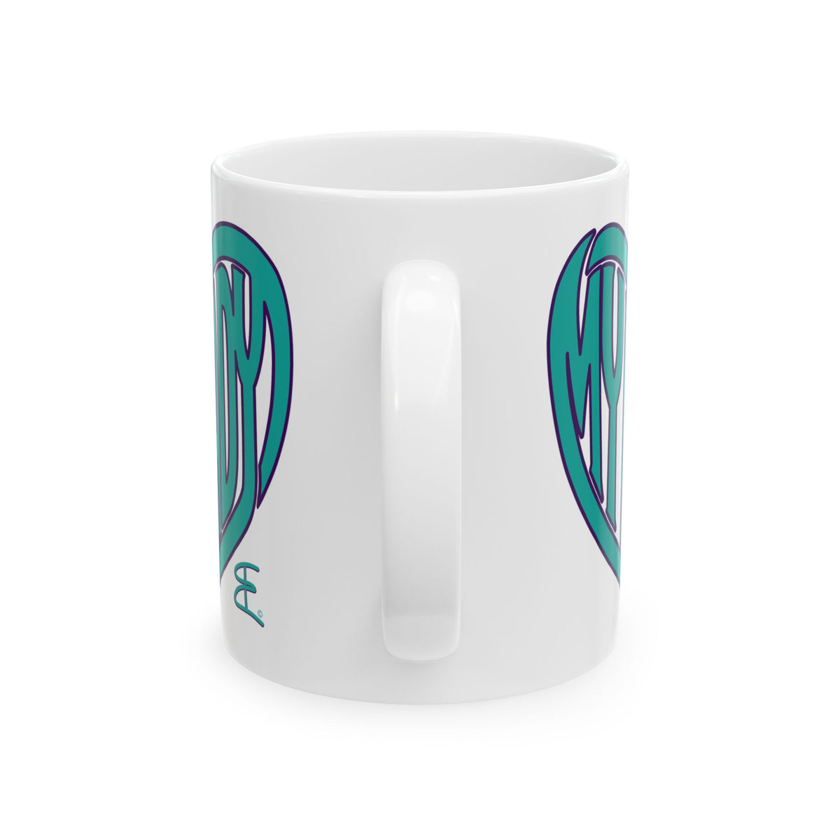 A white ceramic coffee mug with a handle, featuring a teal and purple graphic design printed on the side, shown against a plain white background.
