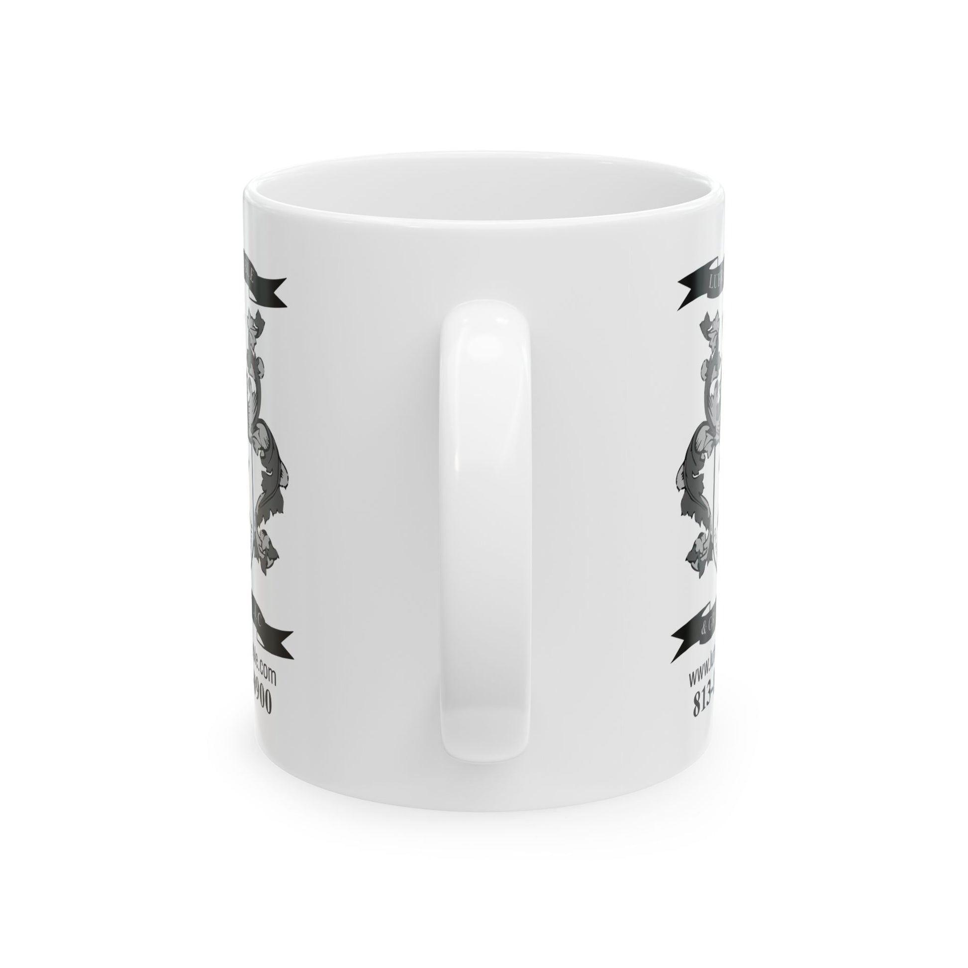 Lufriu marble and granite black and white logo coffee mug.