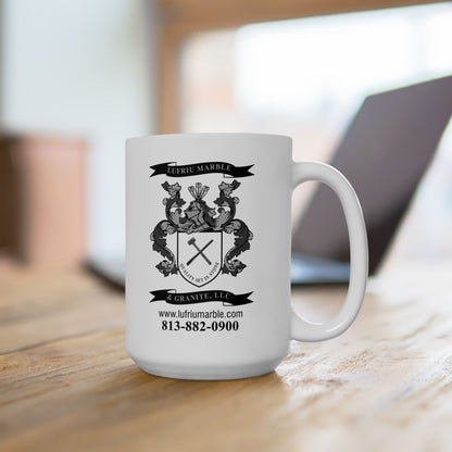 Lufriu marble and granite black and white logo coffee mug.