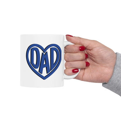 White mug with "Dad" text inside a heart.