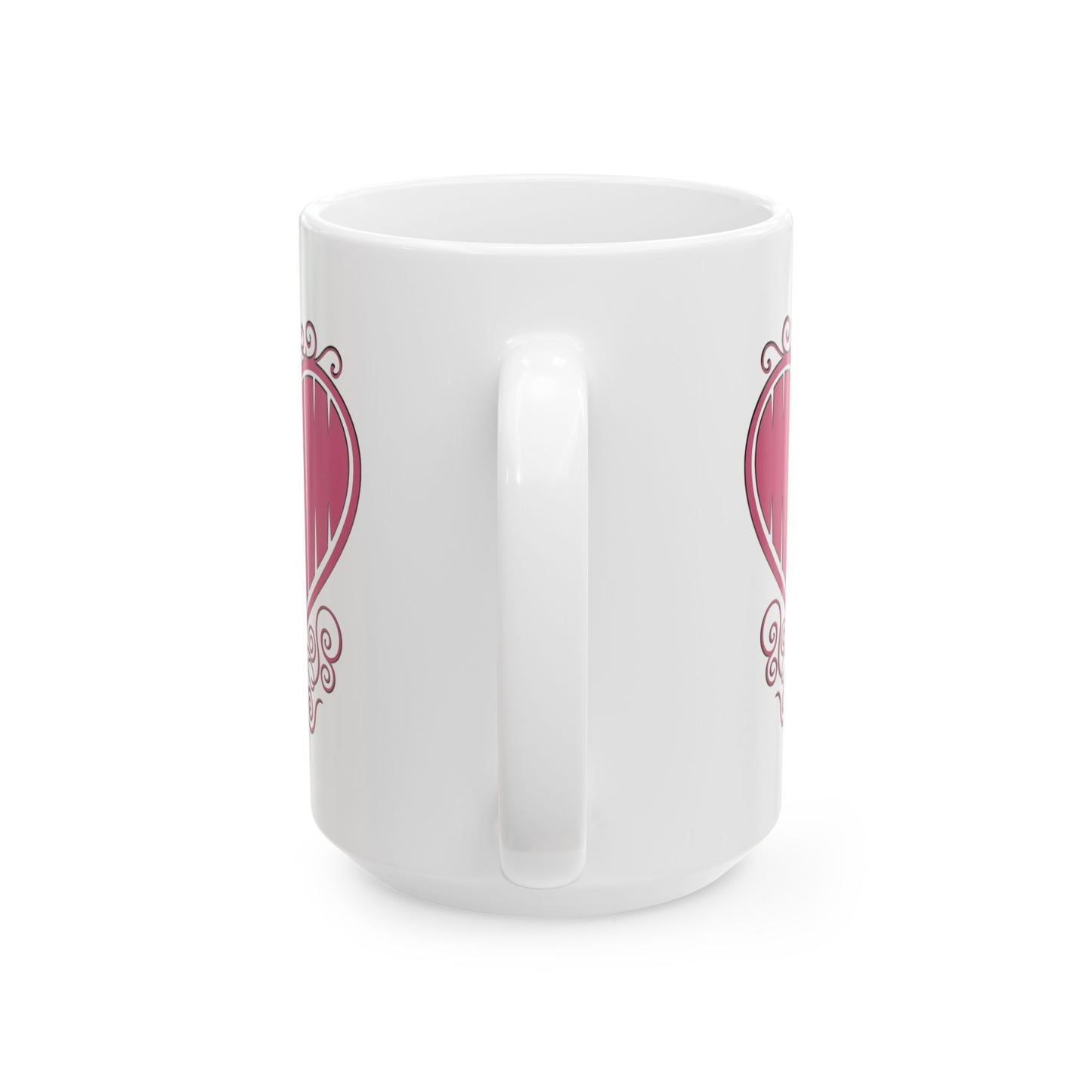 15oz back view of white ceramic mug showing pink text on the sides.