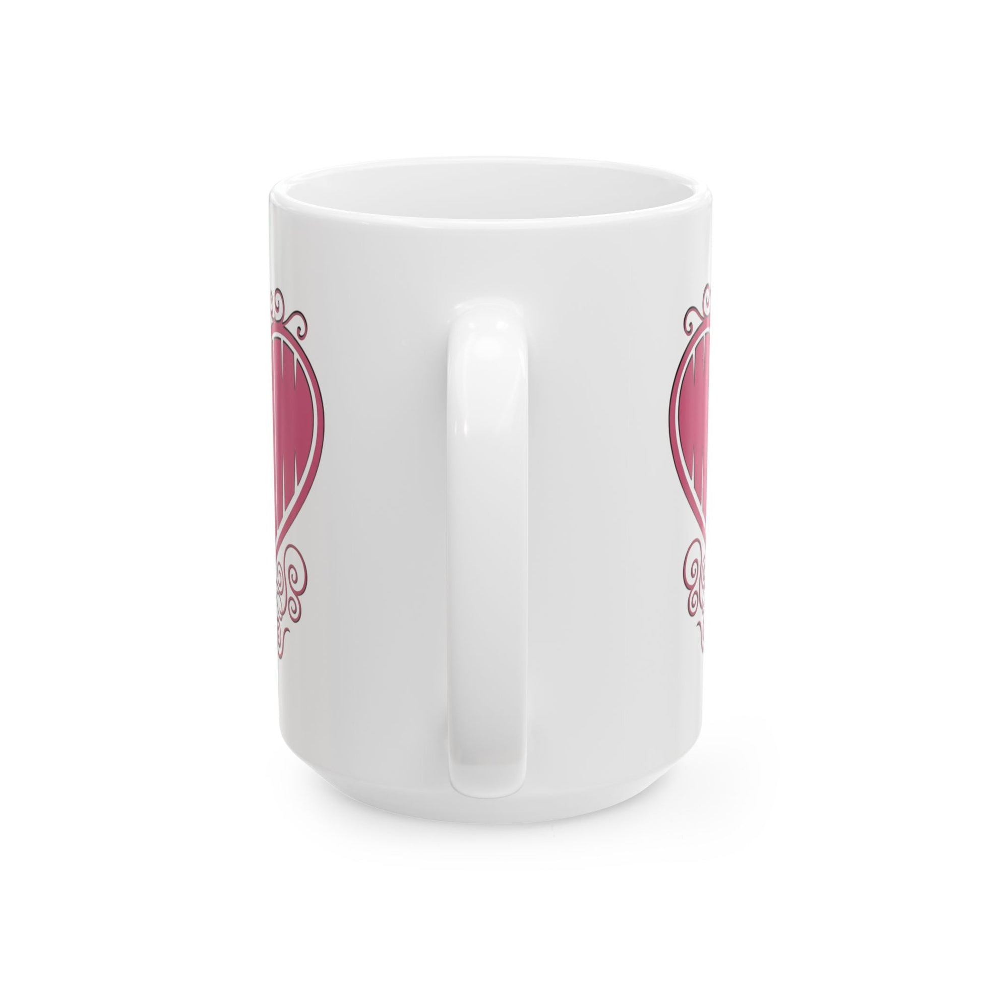 15oz back view of white ceramic mug showing pink text on the sides.