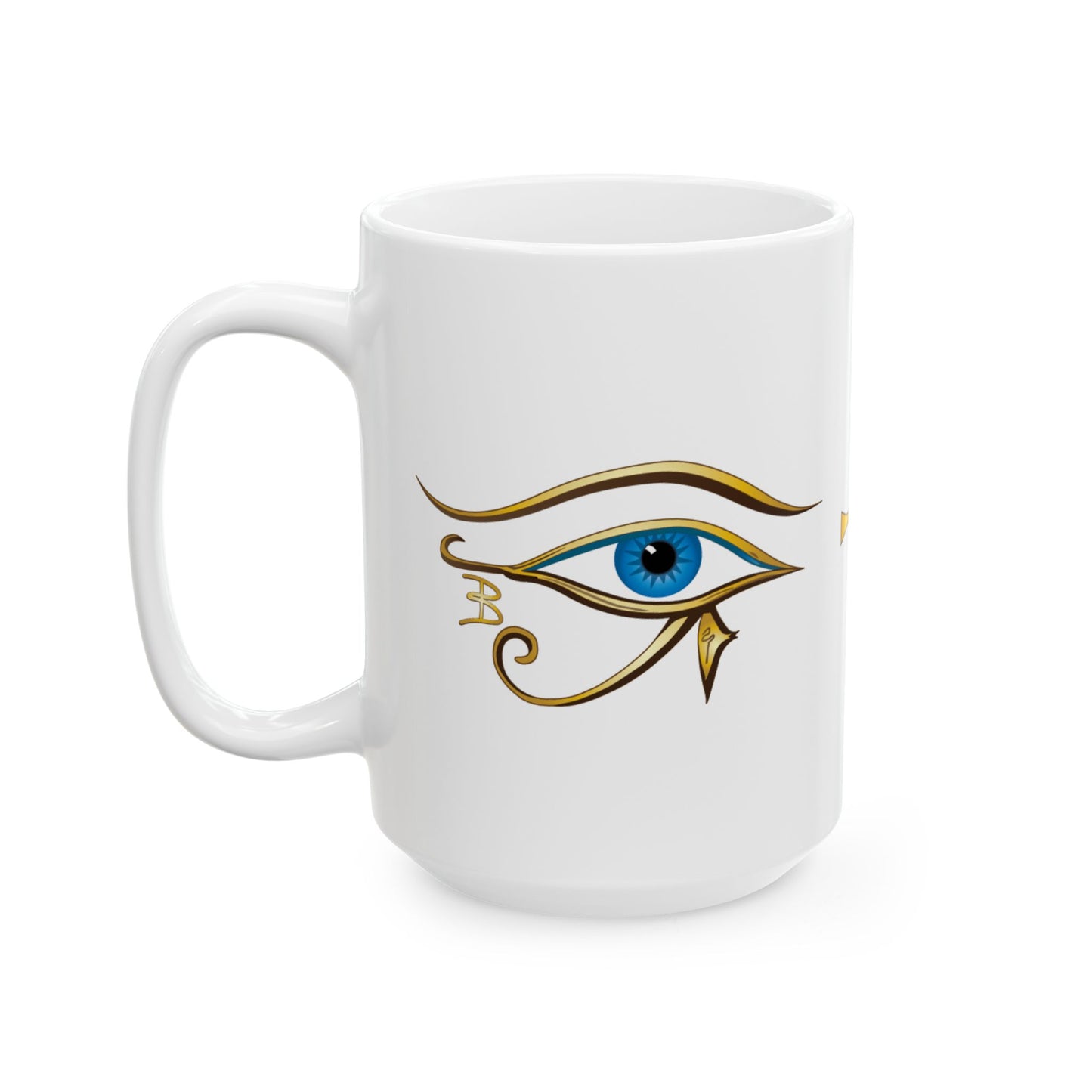 A white ceramic 15oz coffee mug featuring a stylized gold and blue Egyptian Eye of Horus graphic on the front, set against a plain white background.