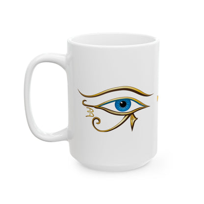 A white ceramic 15oz coffee mug featuring a stylized gold and blue Egyptian Eye of Horus graphic on the front, set against a plain white background.