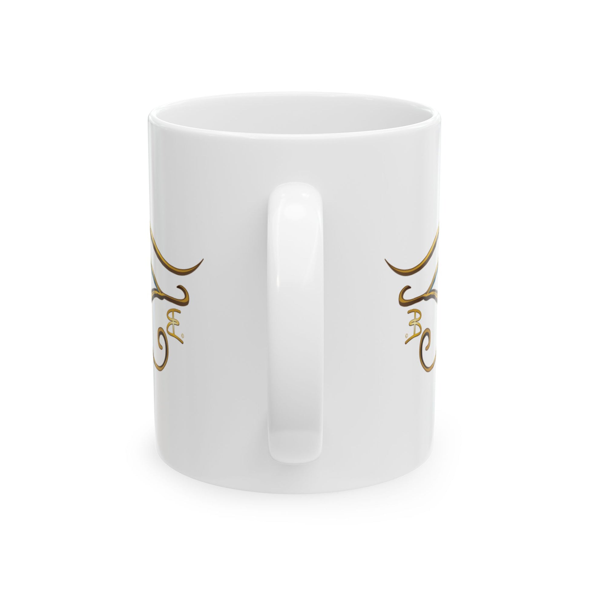 A white ceramic mug with a glossy finish, featuring a gold decorative scroll design printed on both sides, shown against a plain white background.