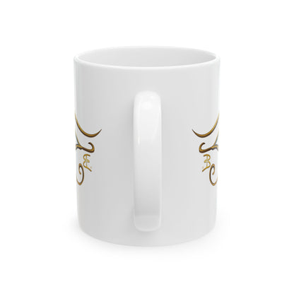 A white ceramic mug with a glossy finish, featuring a gold decorative scroll design printed on both sides, shown against a plain white background.