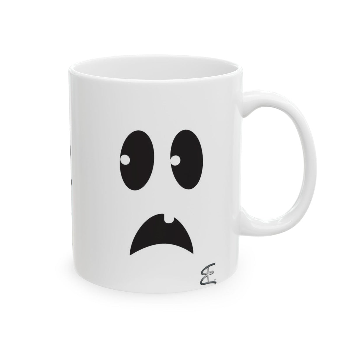 A white ceramic mug featuring a minimalist black graphic of a sad ghost face with large eyes and a downturned mouth, set against a clean white background.