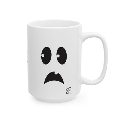 A white ceramic mug featuring a minimalist black graphic of a sad ghost face with large eyes and a downturned mouth, shown on a clean white background.