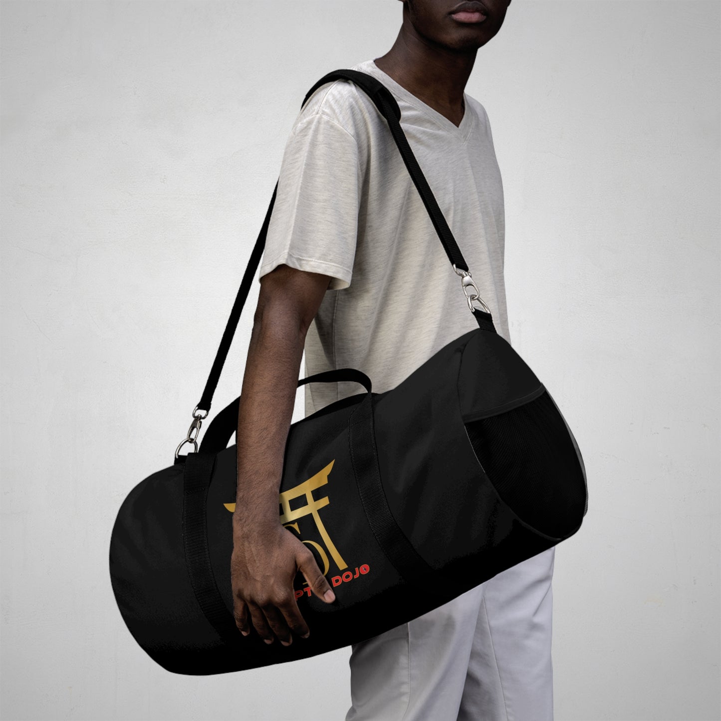 Black Crypto Dojo printed duffel bag.