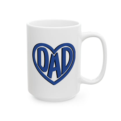 White mug with "Dad" text inside a heart.